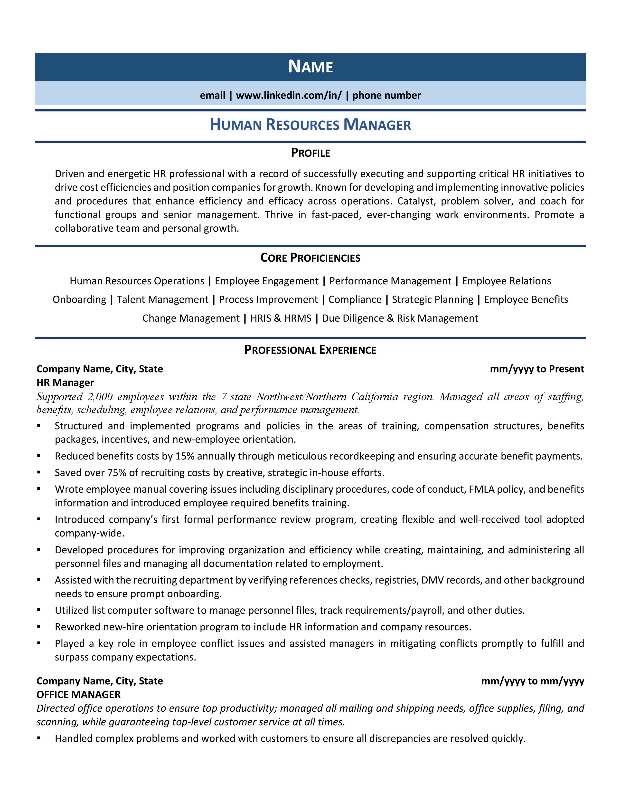 hr manager resume word format