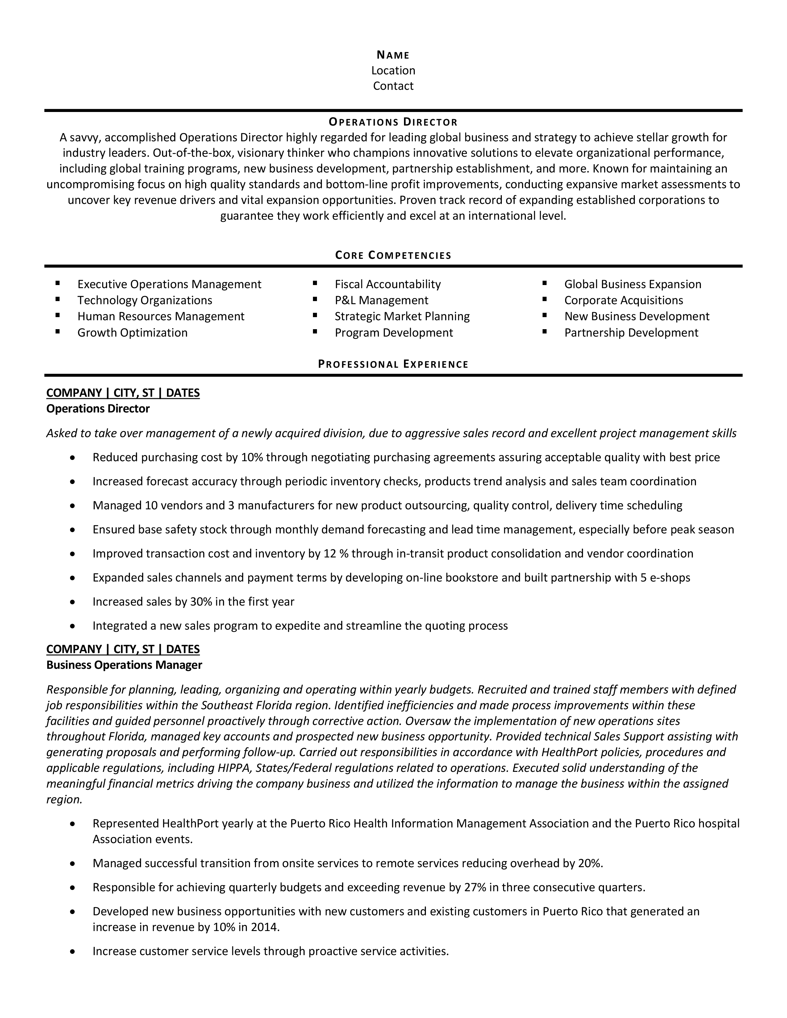 resume examples director of operations