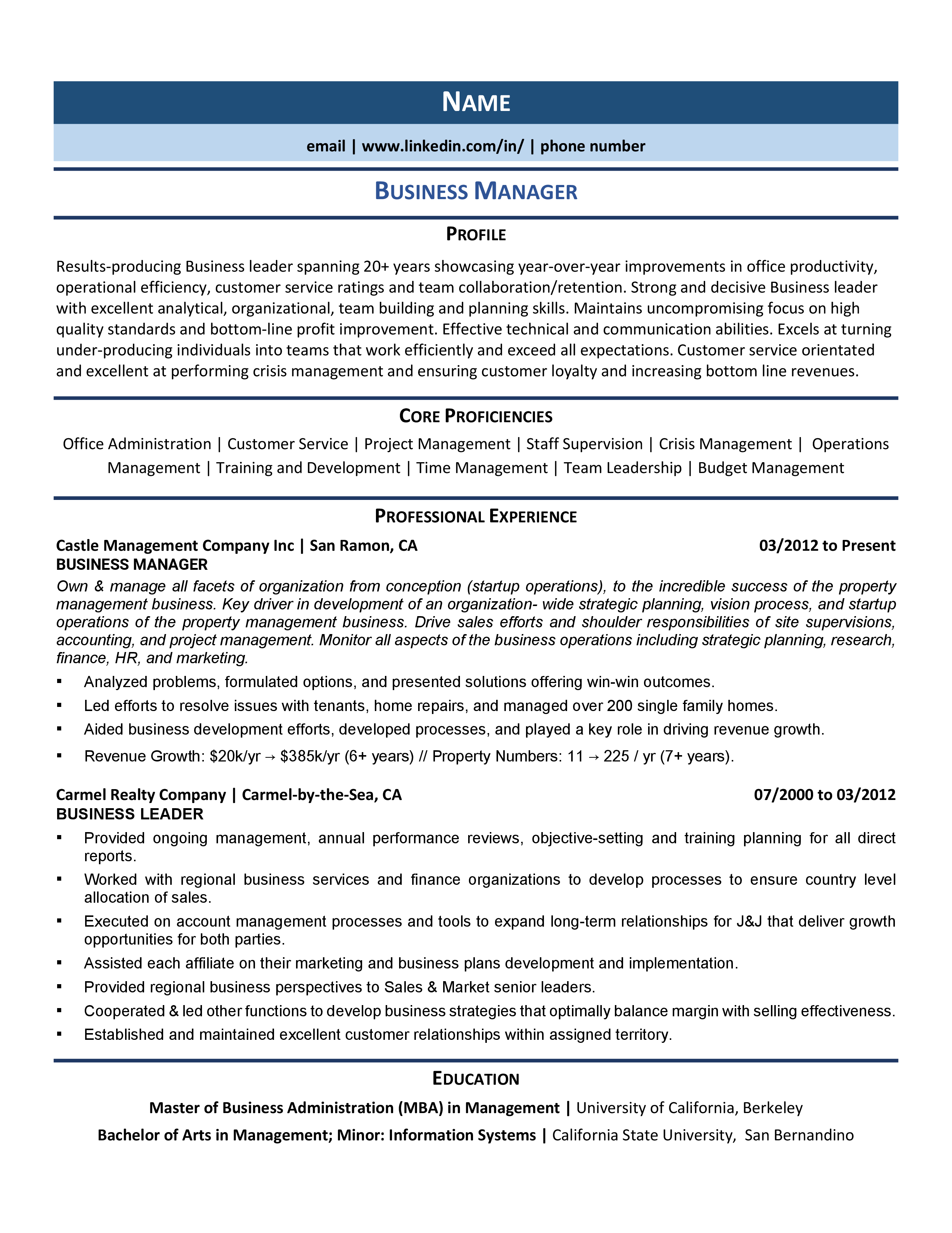 relevant coursework for business management resume