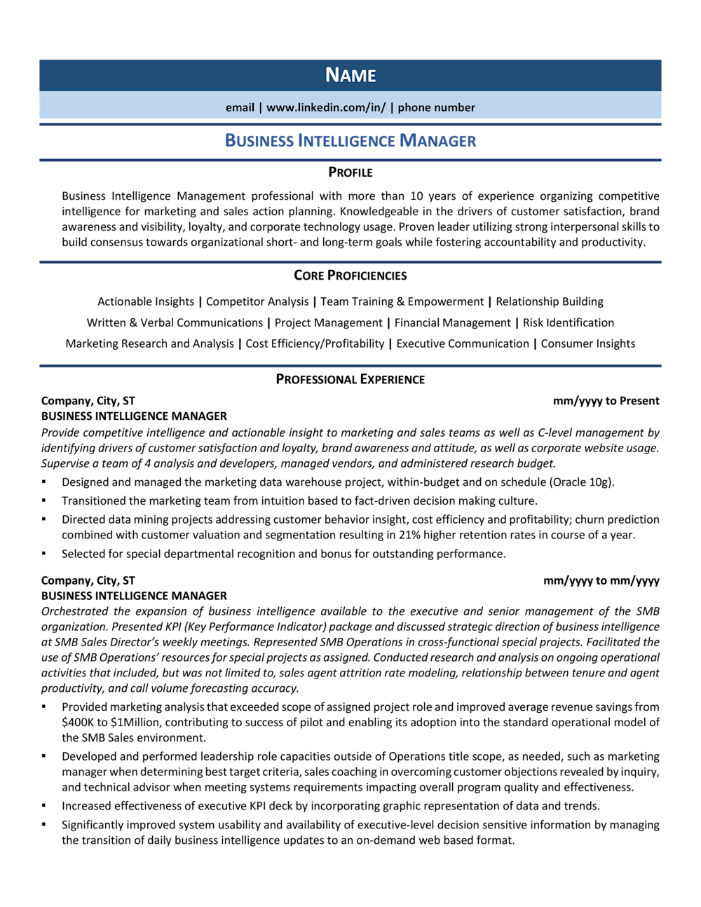 Business Intelligence Manager Resume Example Guide 2021 Zipjob