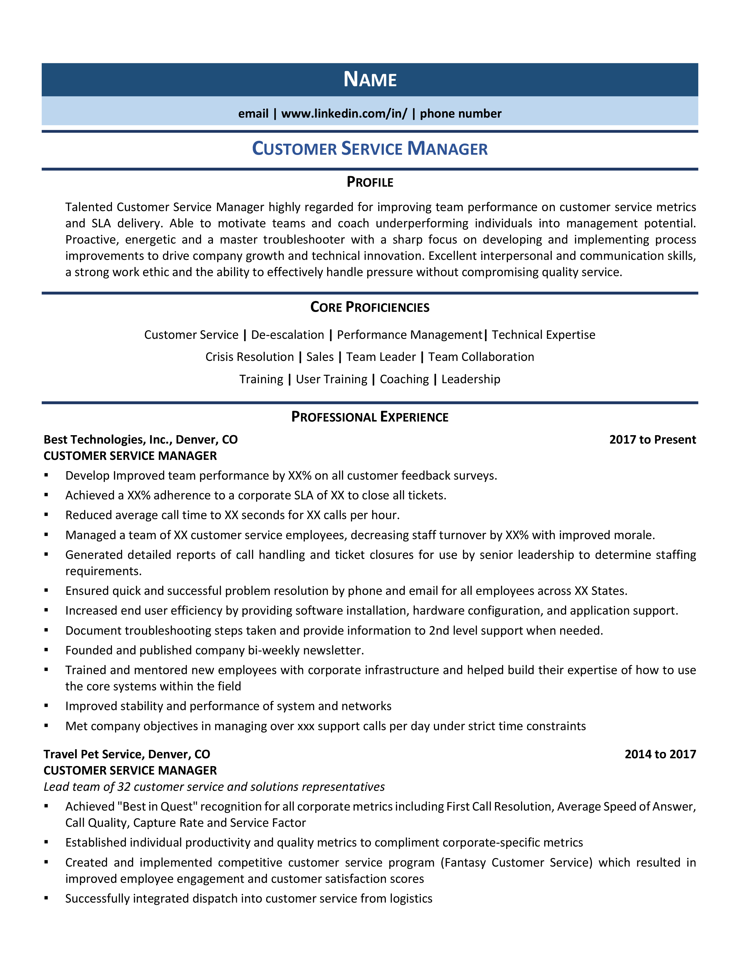 resume for client service manager