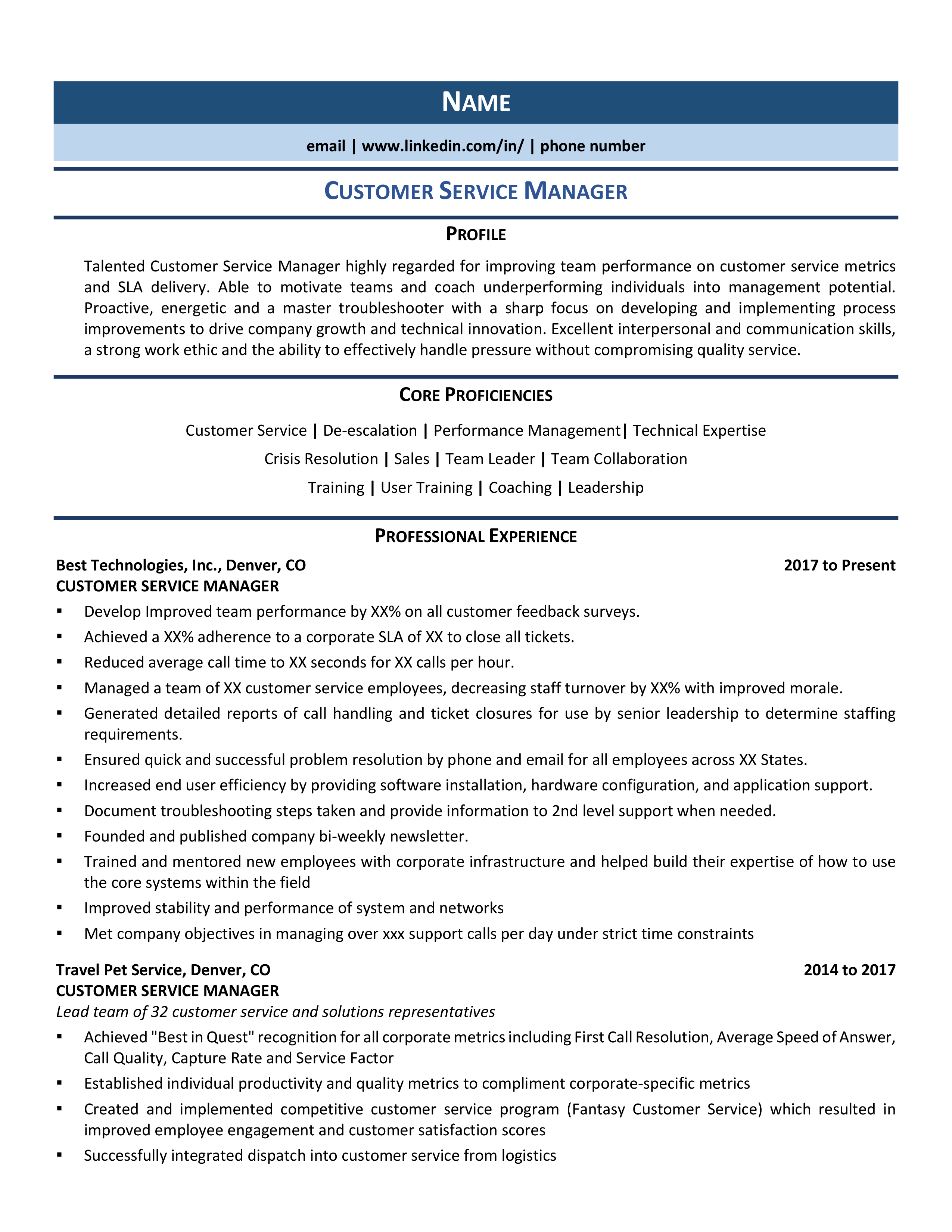 sample resume for customer service manager