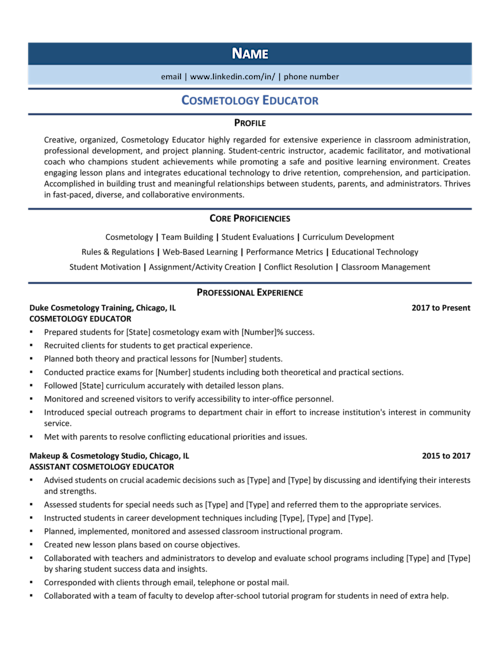 Cosmetology Educator Resume Example & Template for 2021 ZipJob