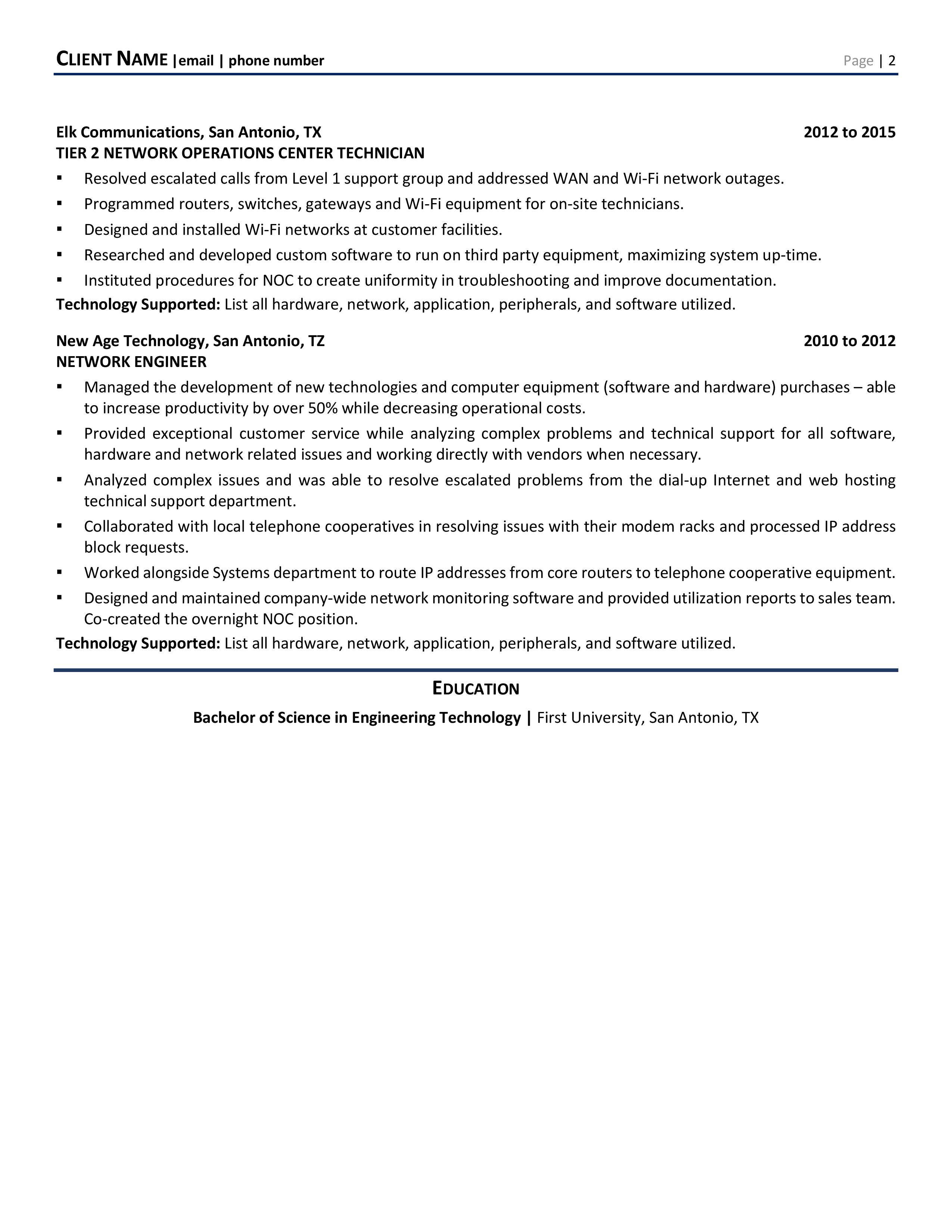 resume of desktop support engineer