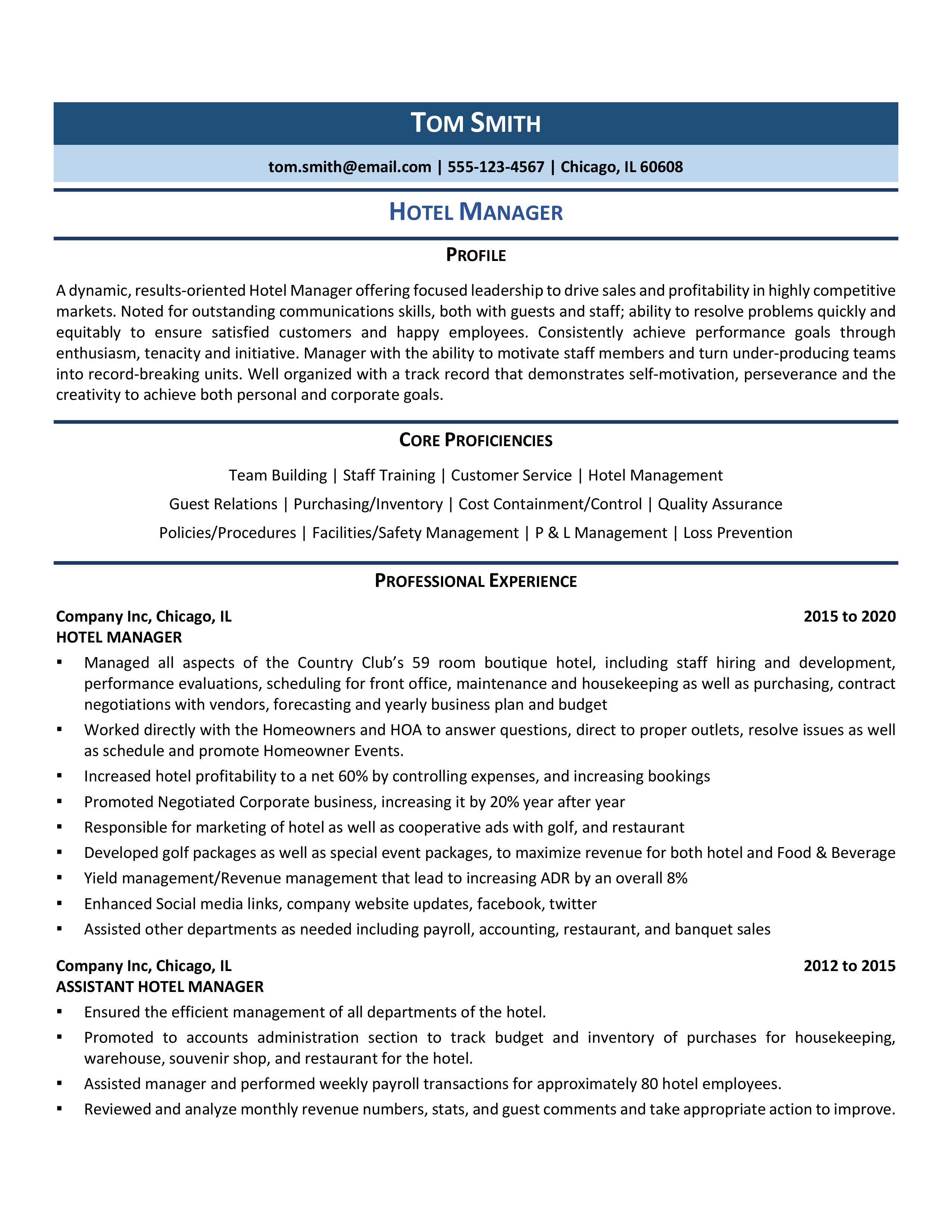Hotel Manager Resume Template