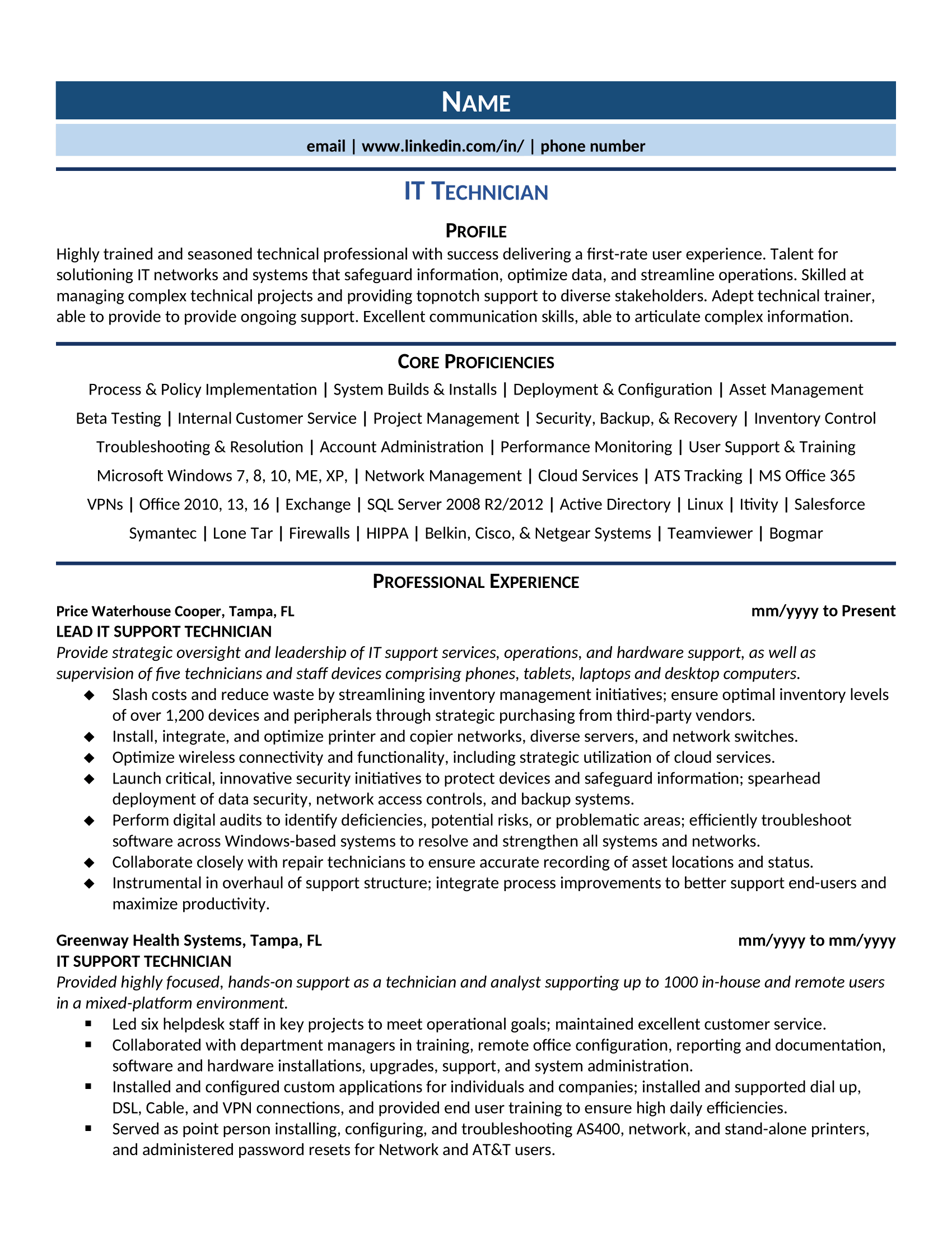 IT Technician Resume Example Template For 2021 ZipJob   It Technician Resume Template 0001 