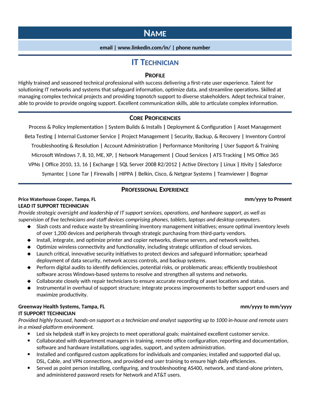 IT Technician Resume Template 0001