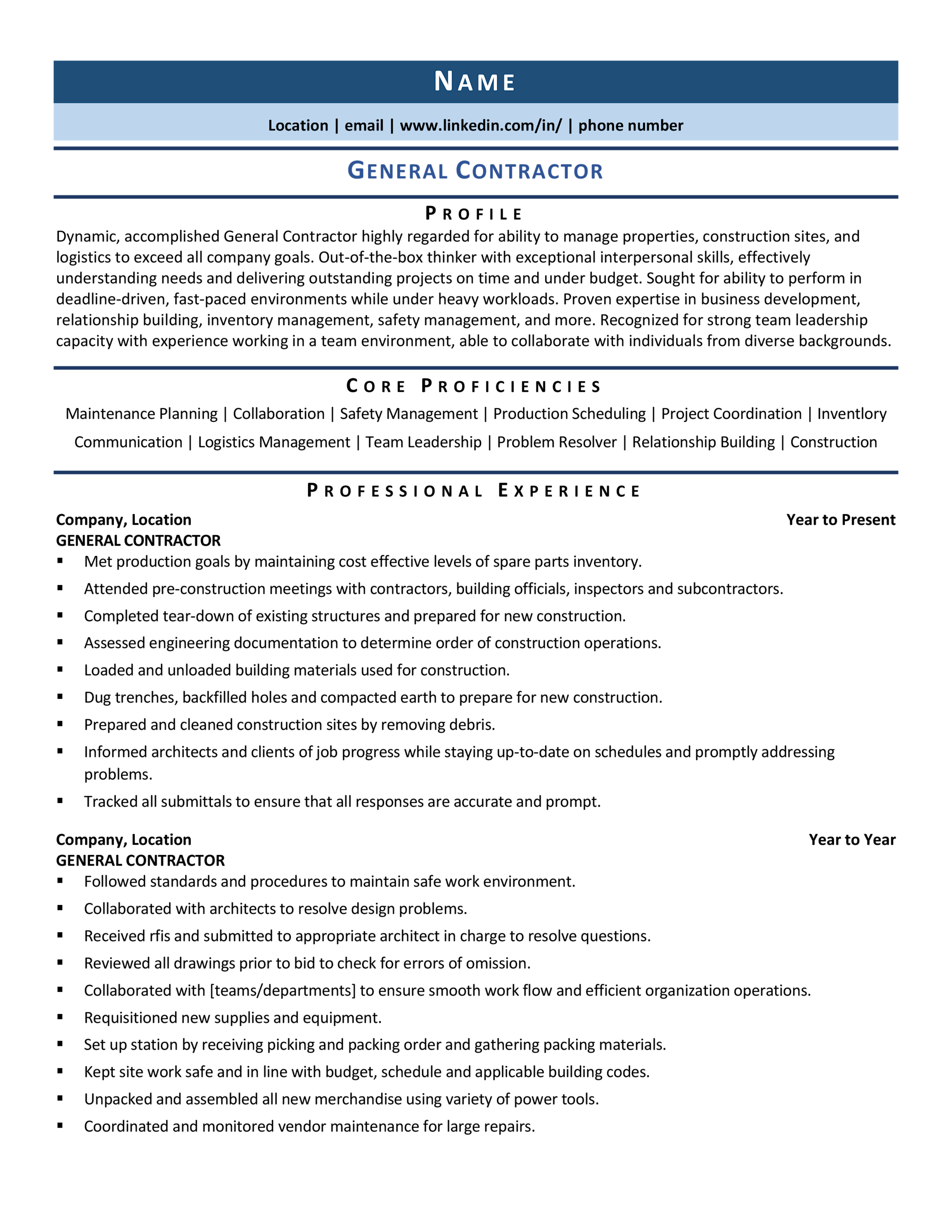 Example Of Contractor Resume Example Of Contractor Resume