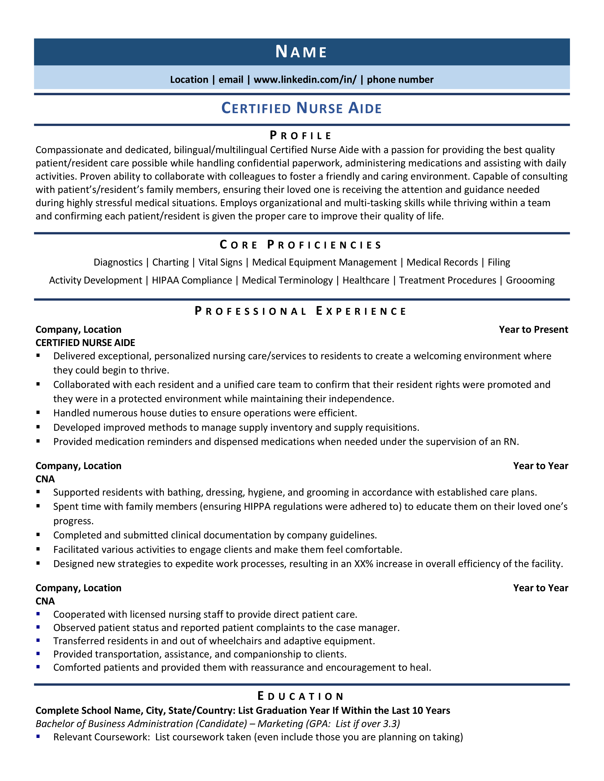 sample resume for nursing aide with experience