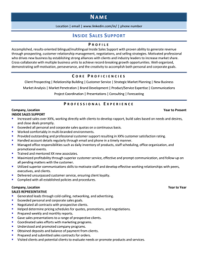 Inside Sales Support Resume Example & Template for 2021 | ZipJob