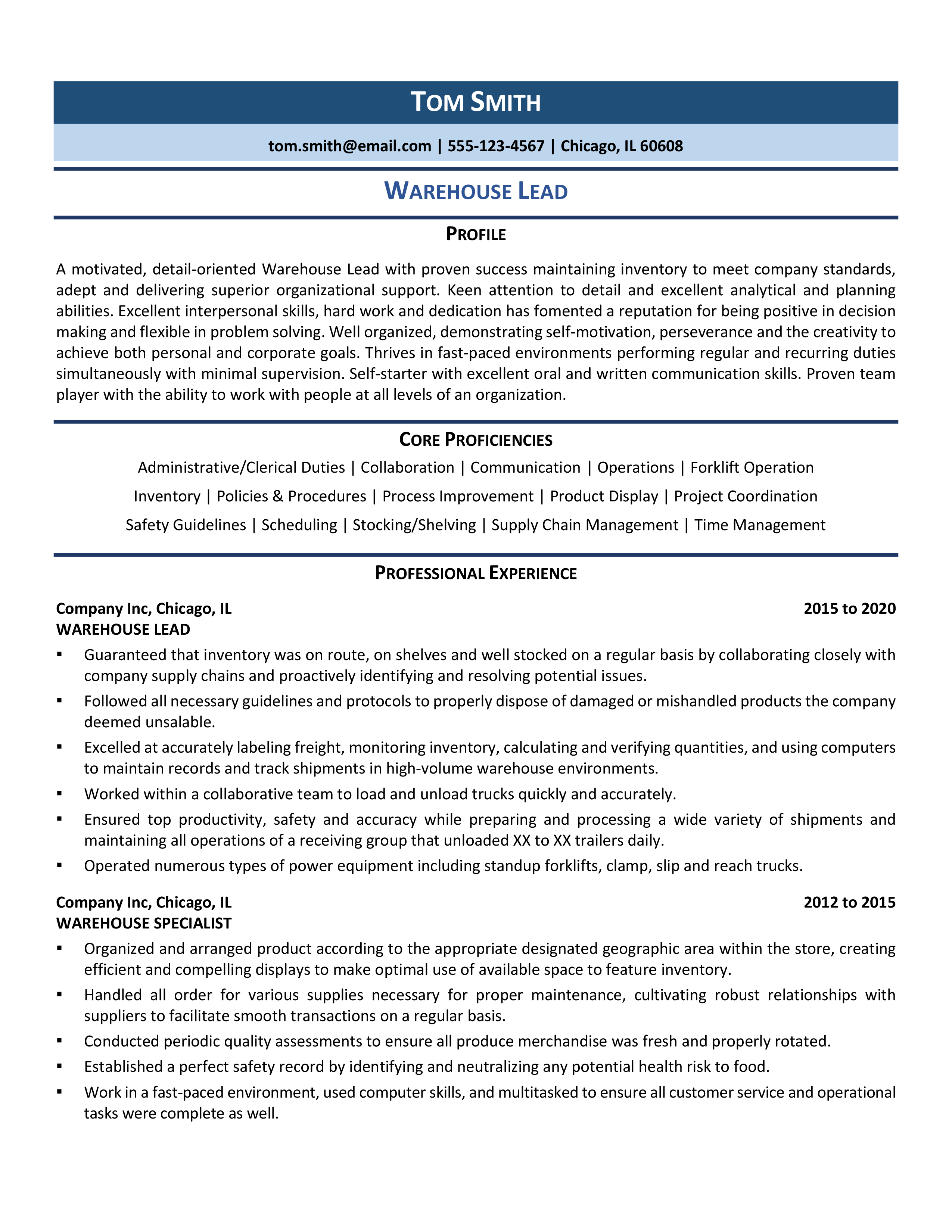 Warehouse Lead Resume Template 0