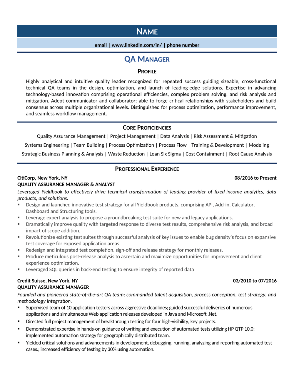resume template for quality assurance manager