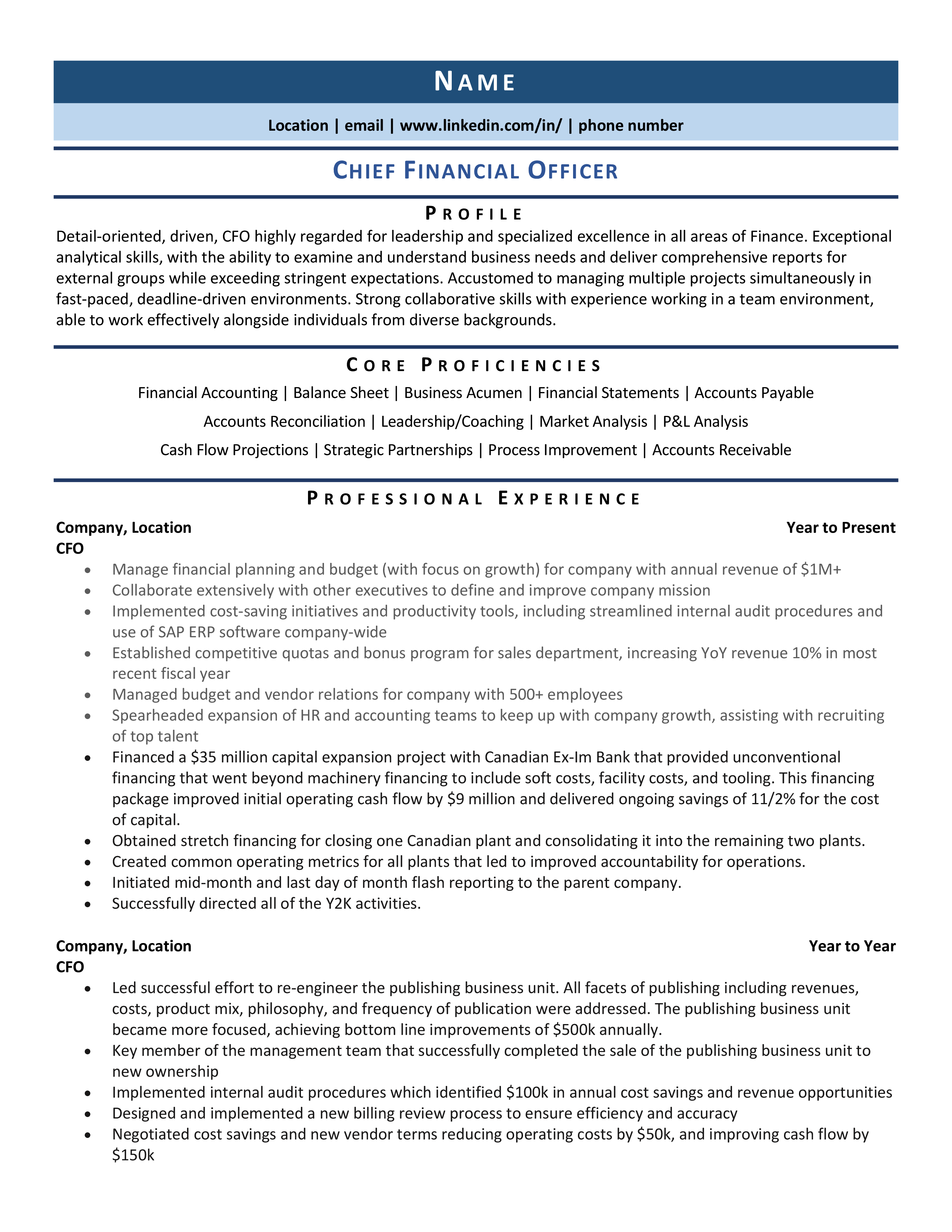 Chief Financial Officer (CFO) Resume Example Template for 2021 ZipJob