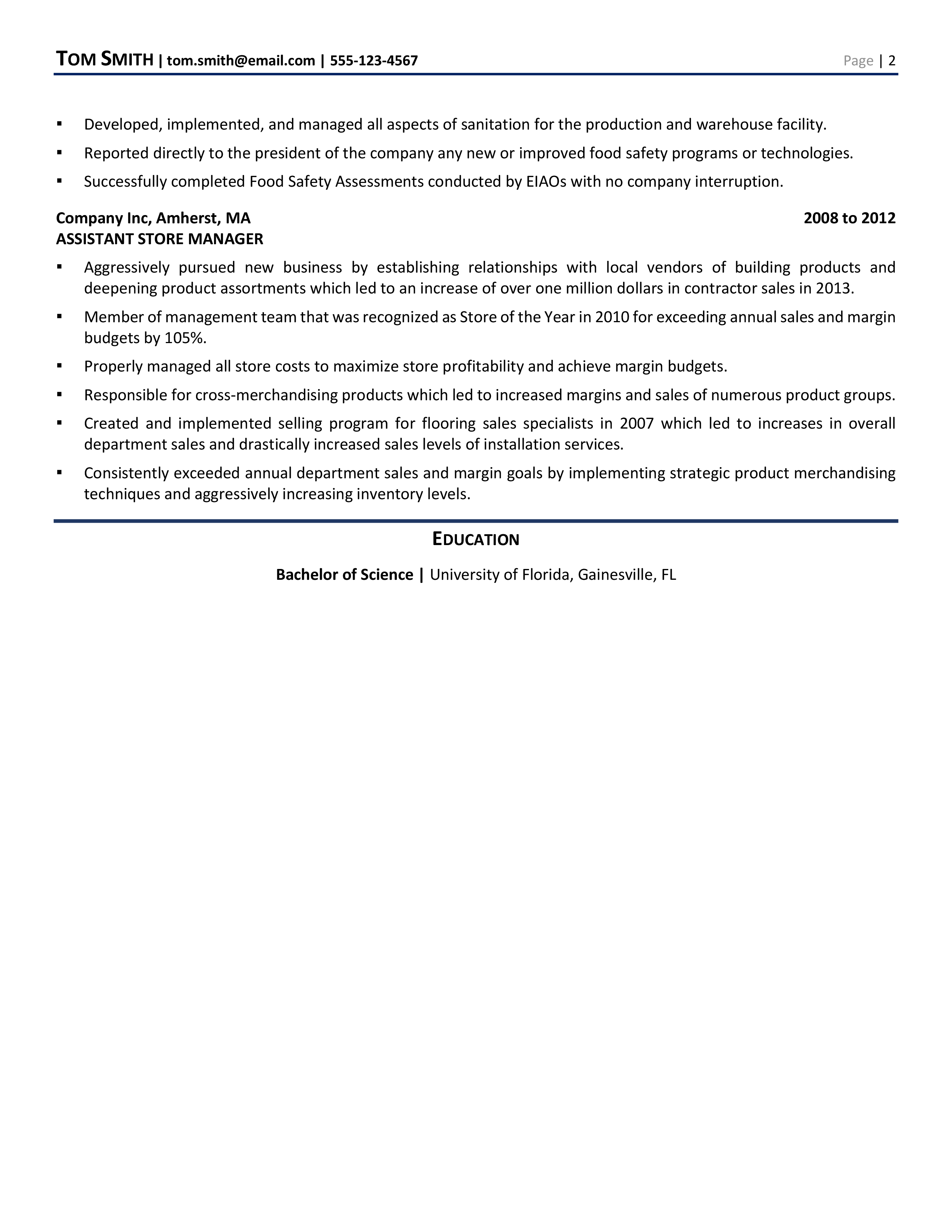 Food Safety Manager Resume Template 1