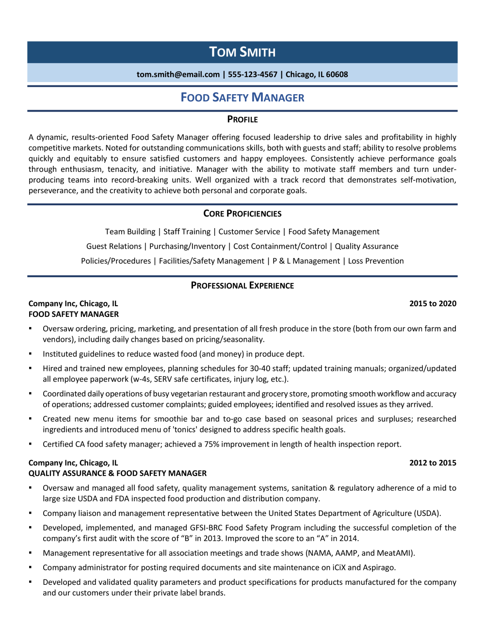 Food Safety Manager Resume Template 0