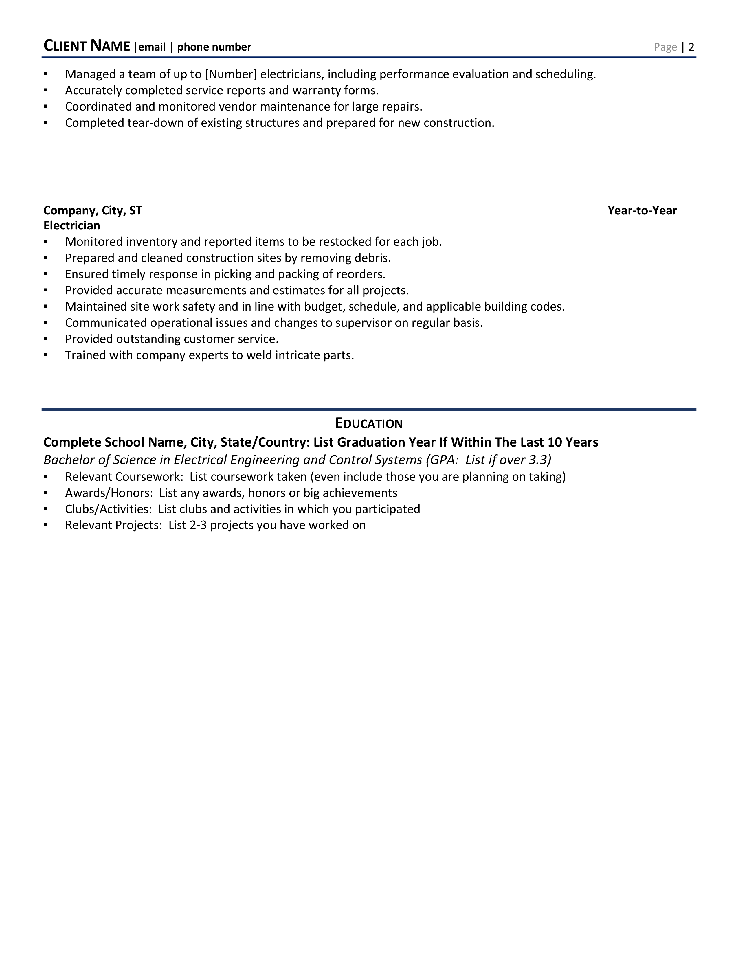 Electrician Foreman Resume Template 1