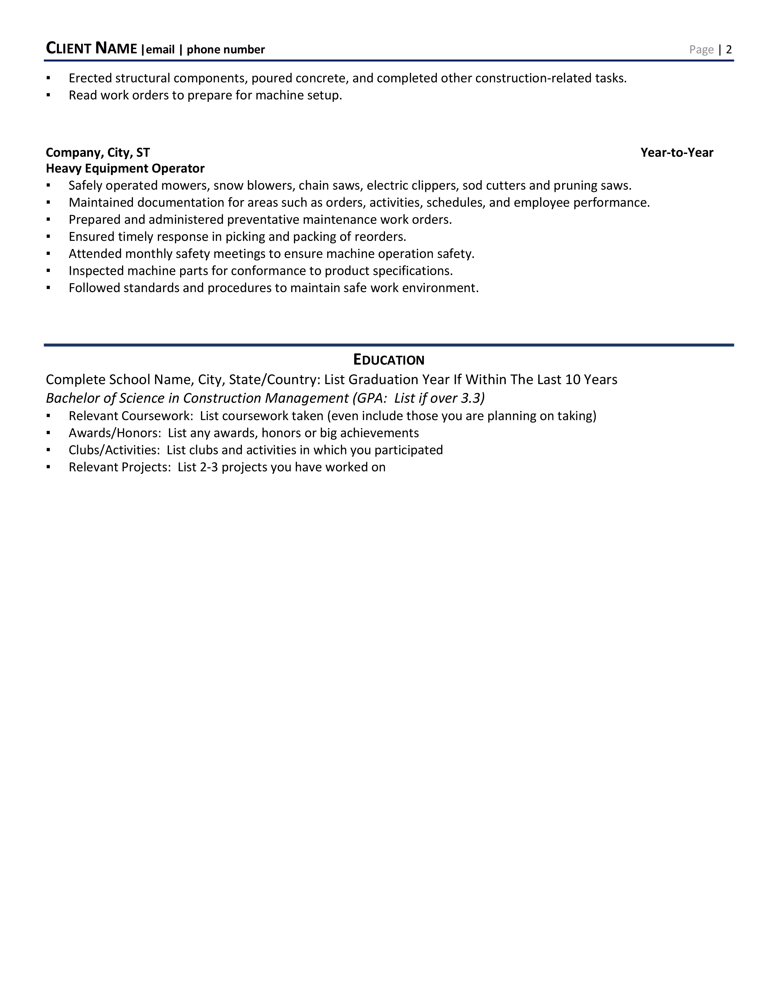 Heavy Equipment Operator Resume Example Guide 2021 Zipjob Resume For Heavy Equipment Operator