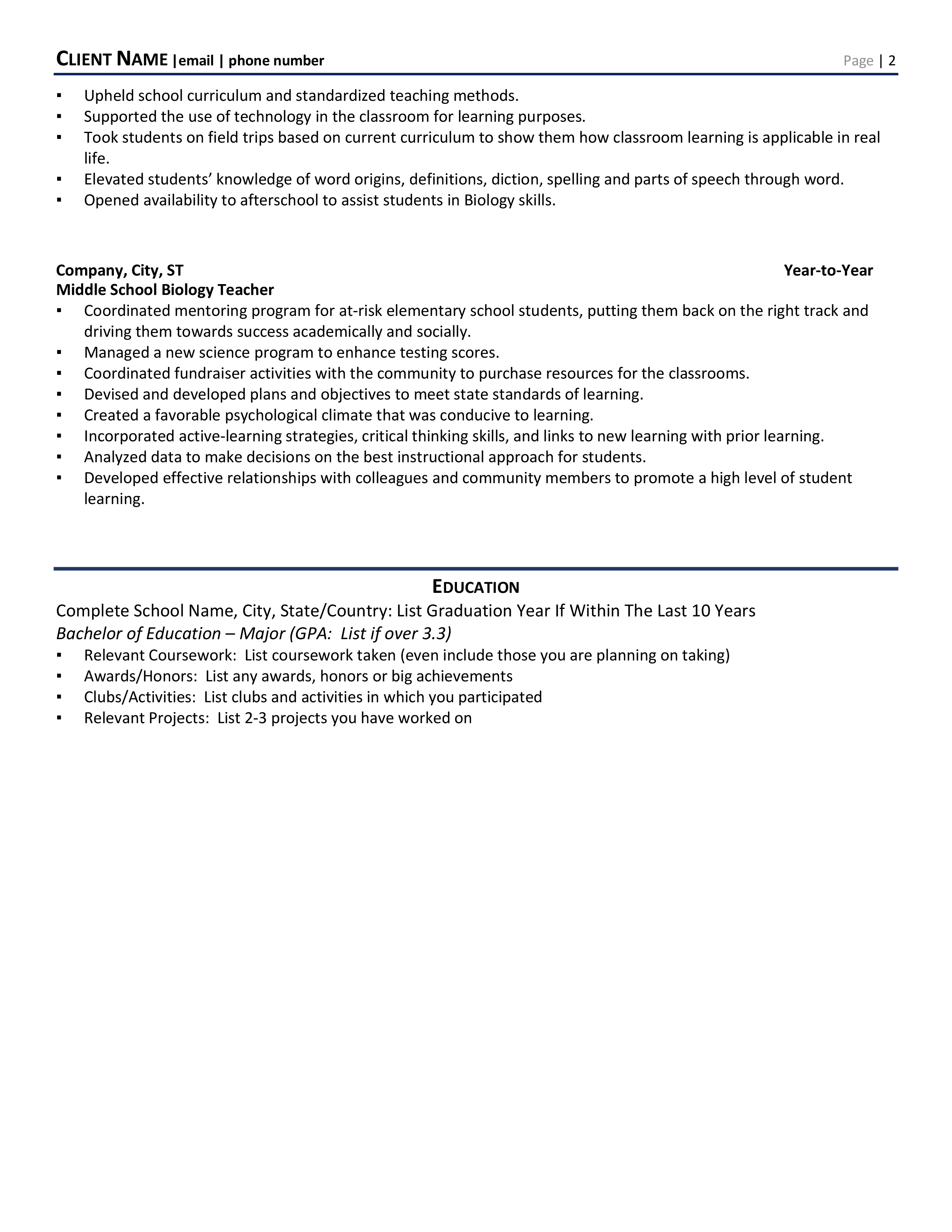 High School Biology Teacher Resume Example & Guide (2021) ZipJob