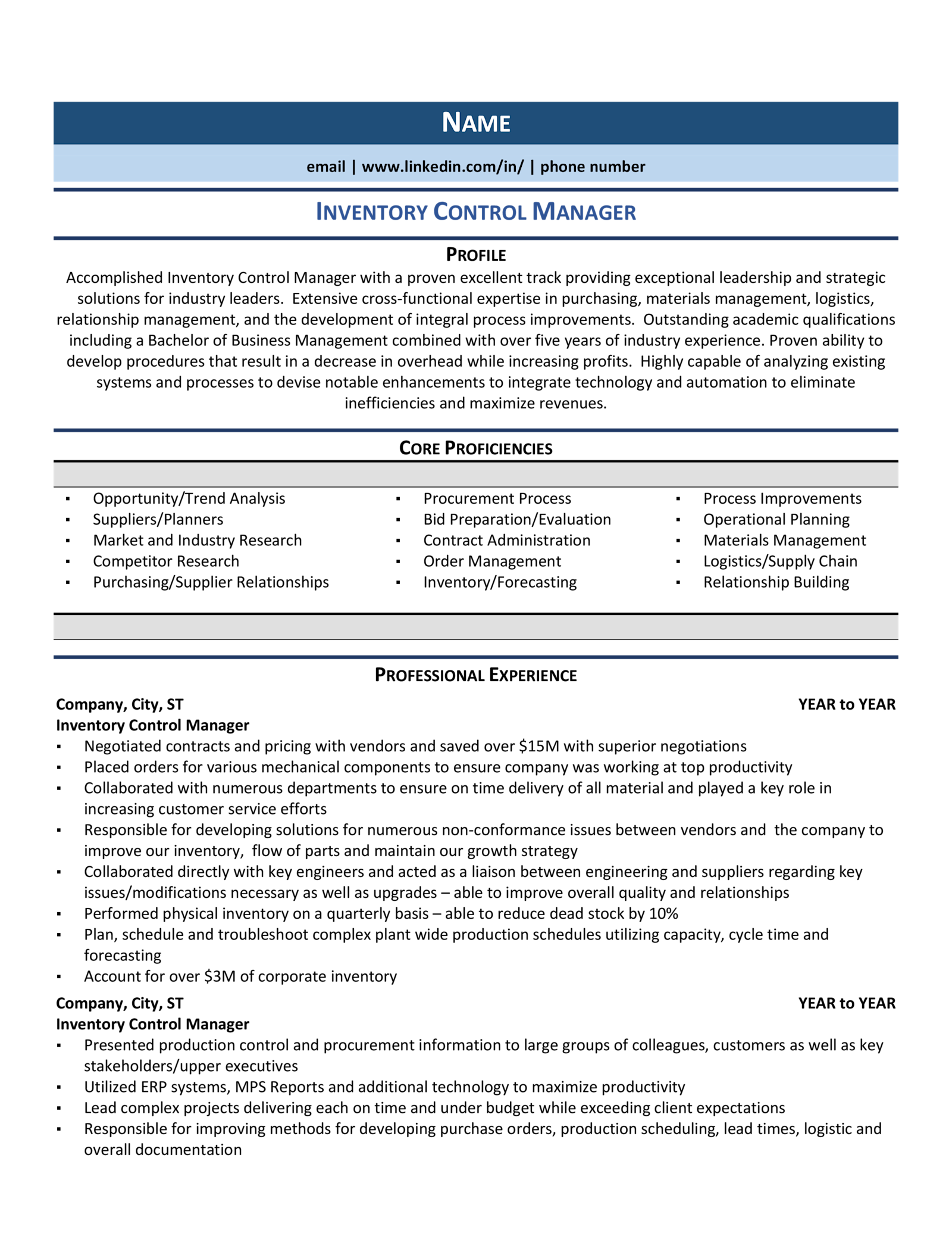 Inventory Control Manager Resume Example & Guide (2021) | ZipJob