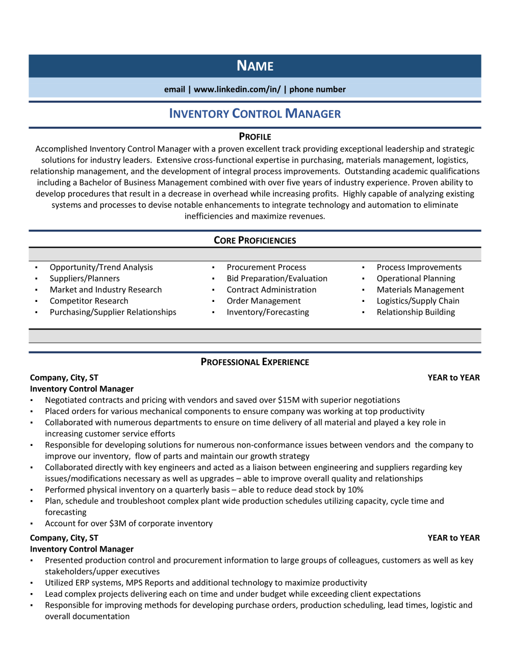 Inventory Control Manager Resume Template 0