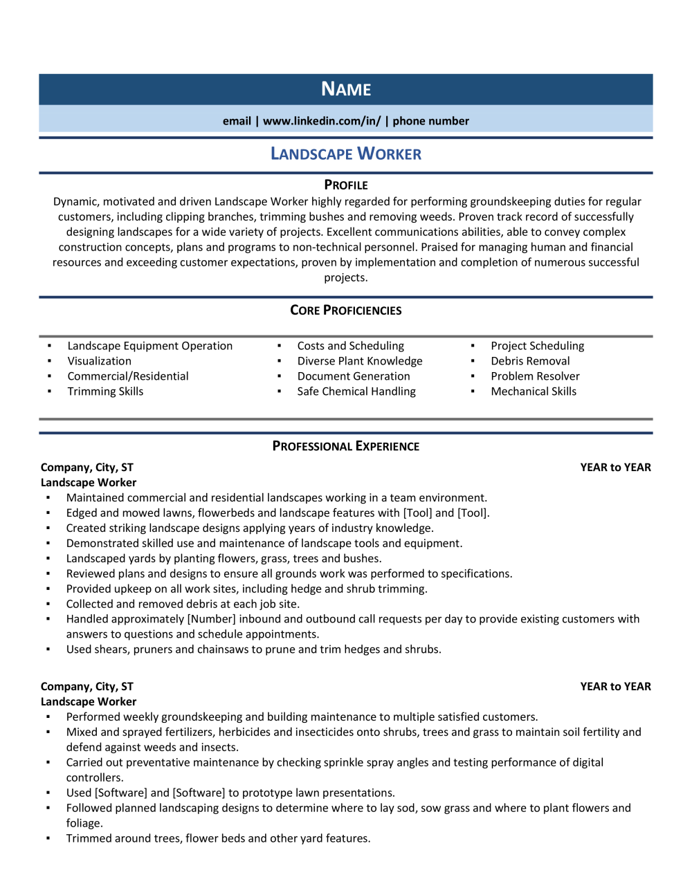 Landscape Worker Resume Template 0