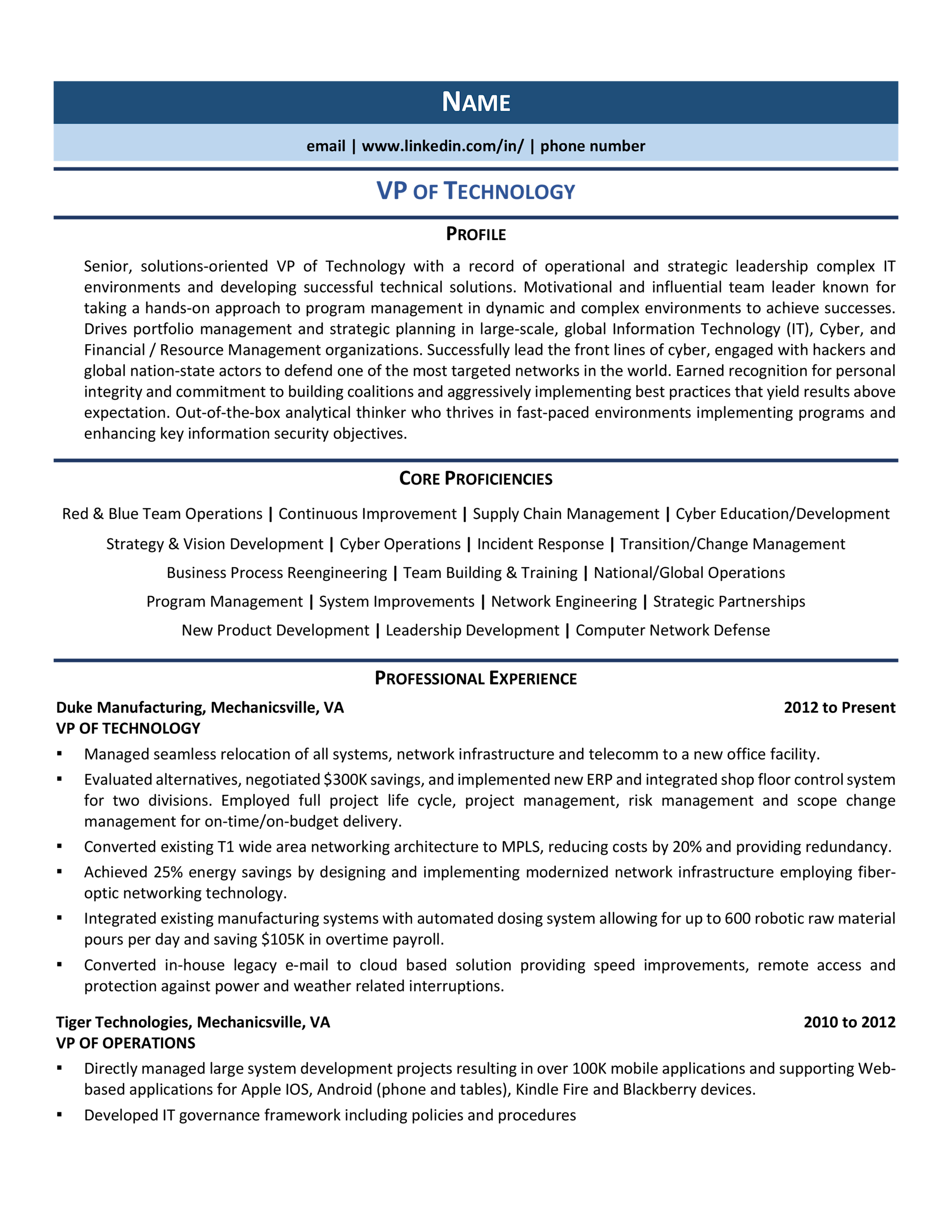 Vice President of IT Resume Example Template for 2021 ZipJob Vice President of IT Resume Example Template for 2021 ZipJob