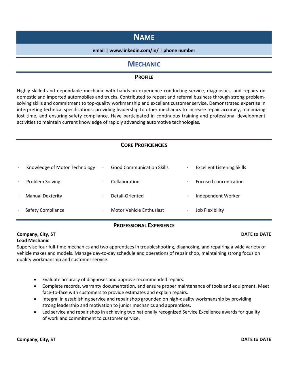 Mechanic Resume Template 0