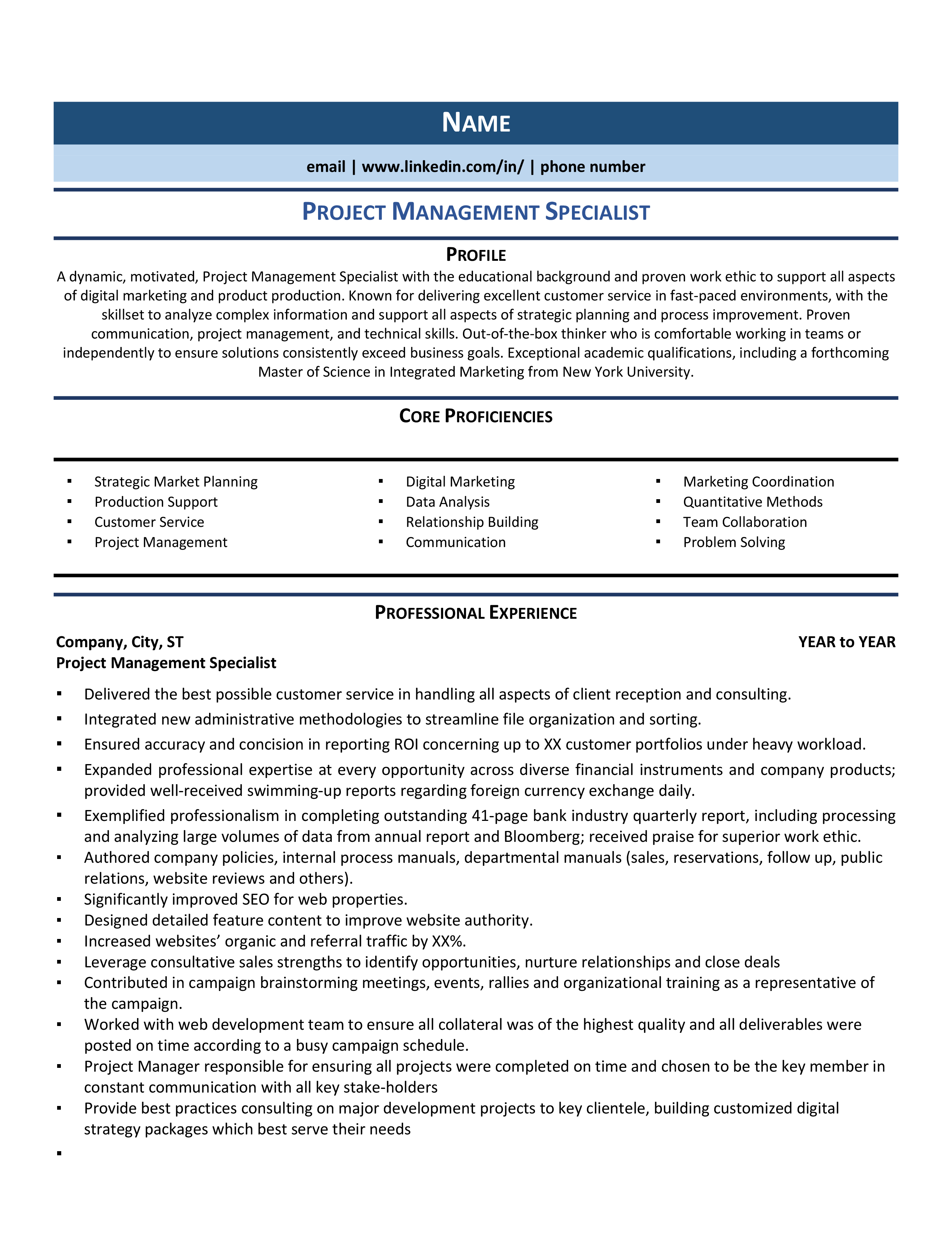 sample resume project manager areas of expertise
