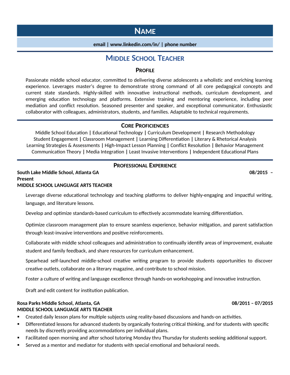 Middle School Teacher Resume Template 0001 2