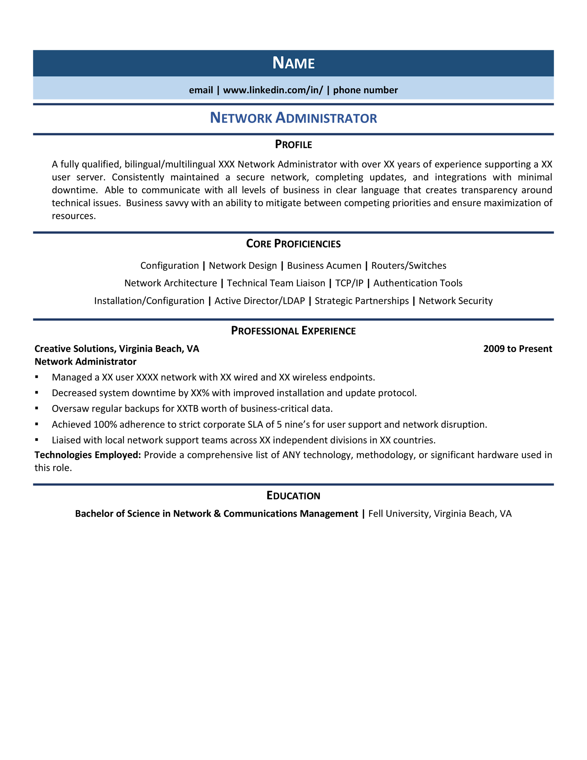 Network Administrator Resume Example & Template for 2021 ZipJob Network Administrator Resume Example & Template for 2021 ZipJob