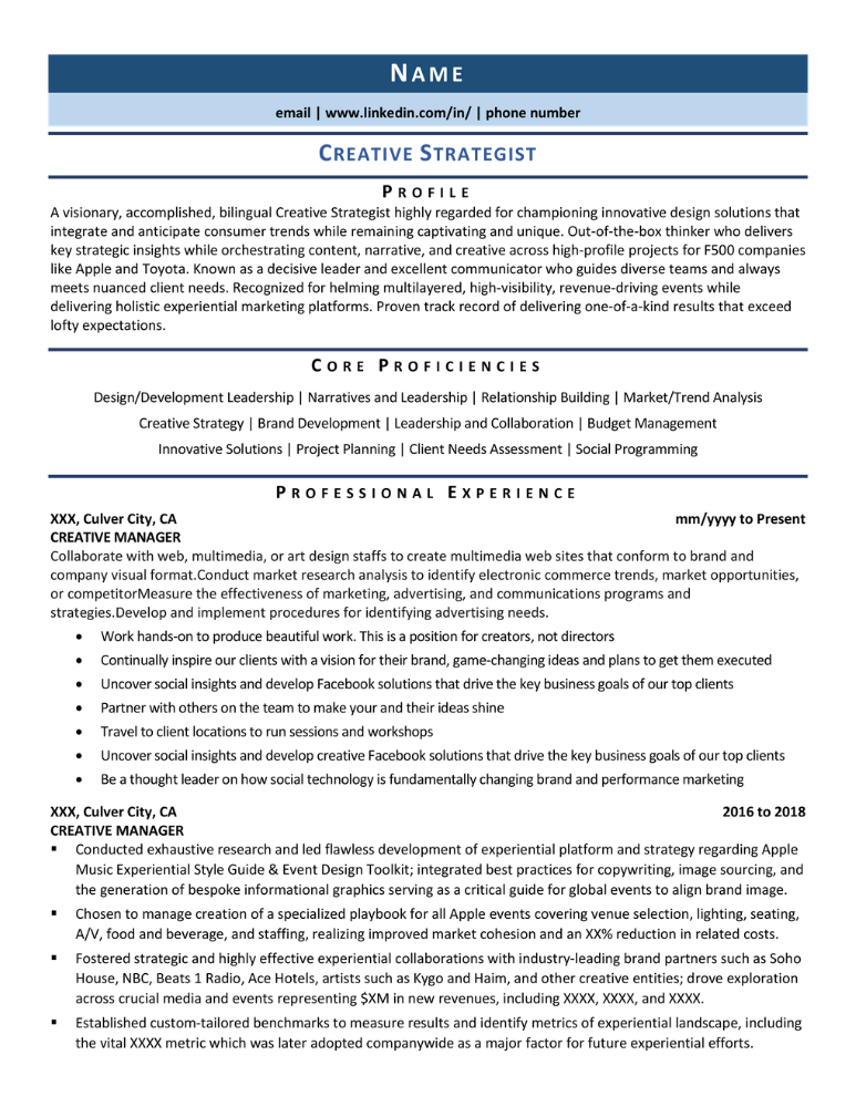 Creative Strategist Resume Example full page