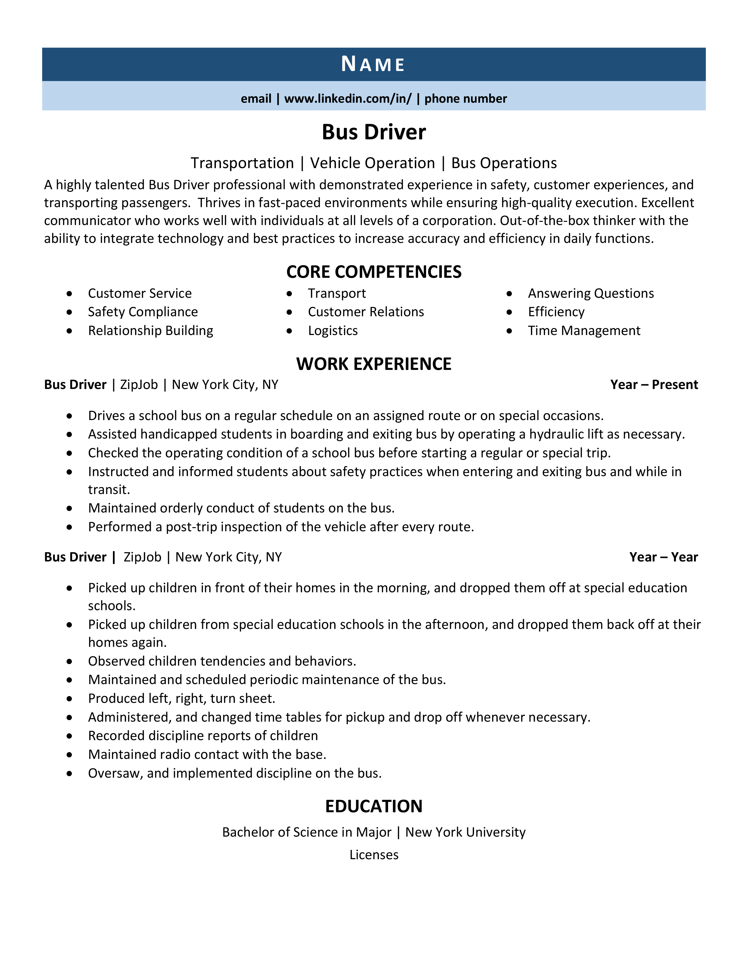 Sample Resume For Bus Driver - Susamiakanea
