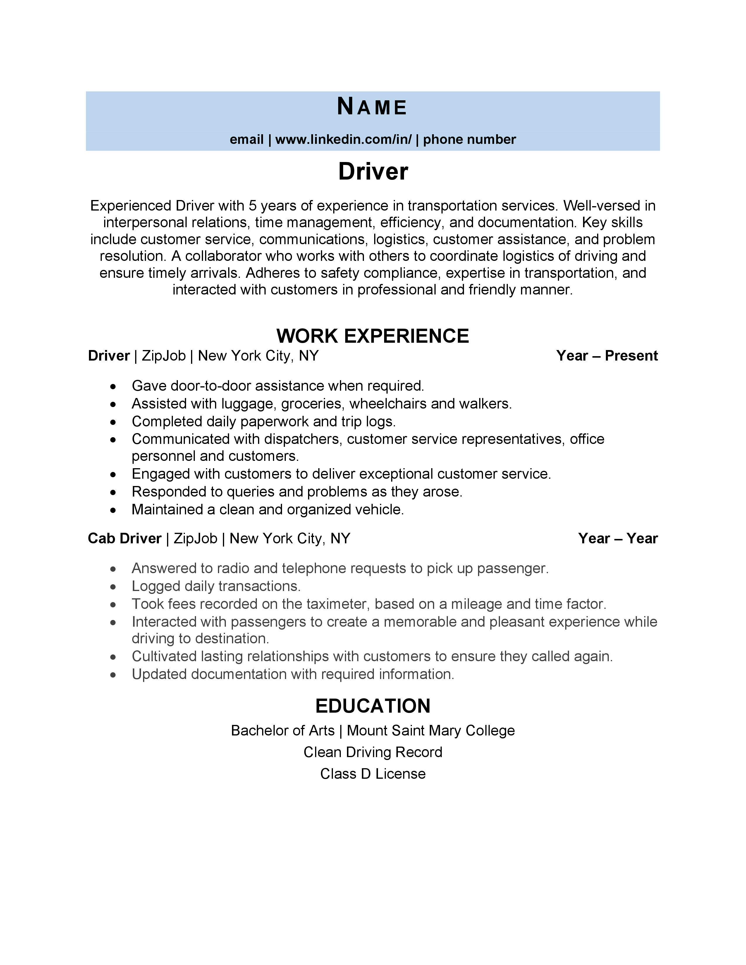 sample resume format for car driver