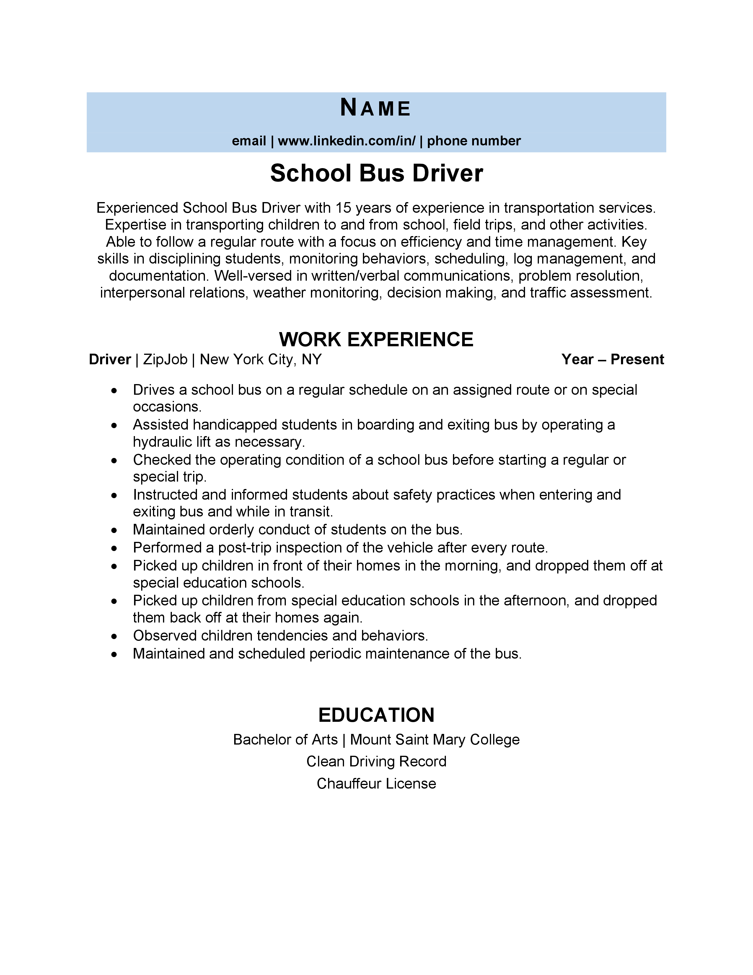 school bus resume cover letter