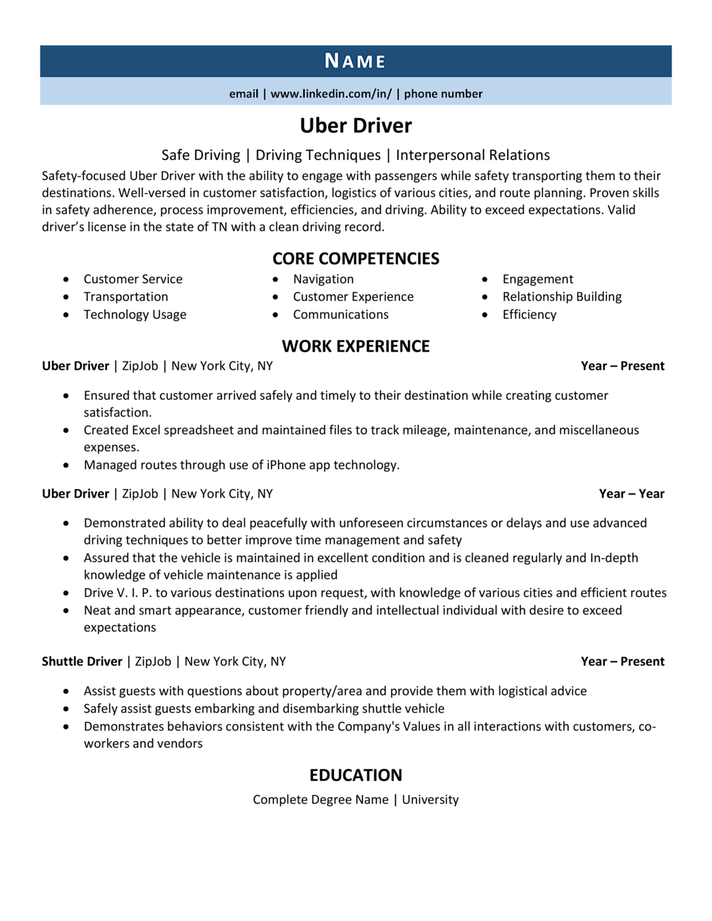 Uber Driver Resume Example And 3 Expert Tips Zipjob