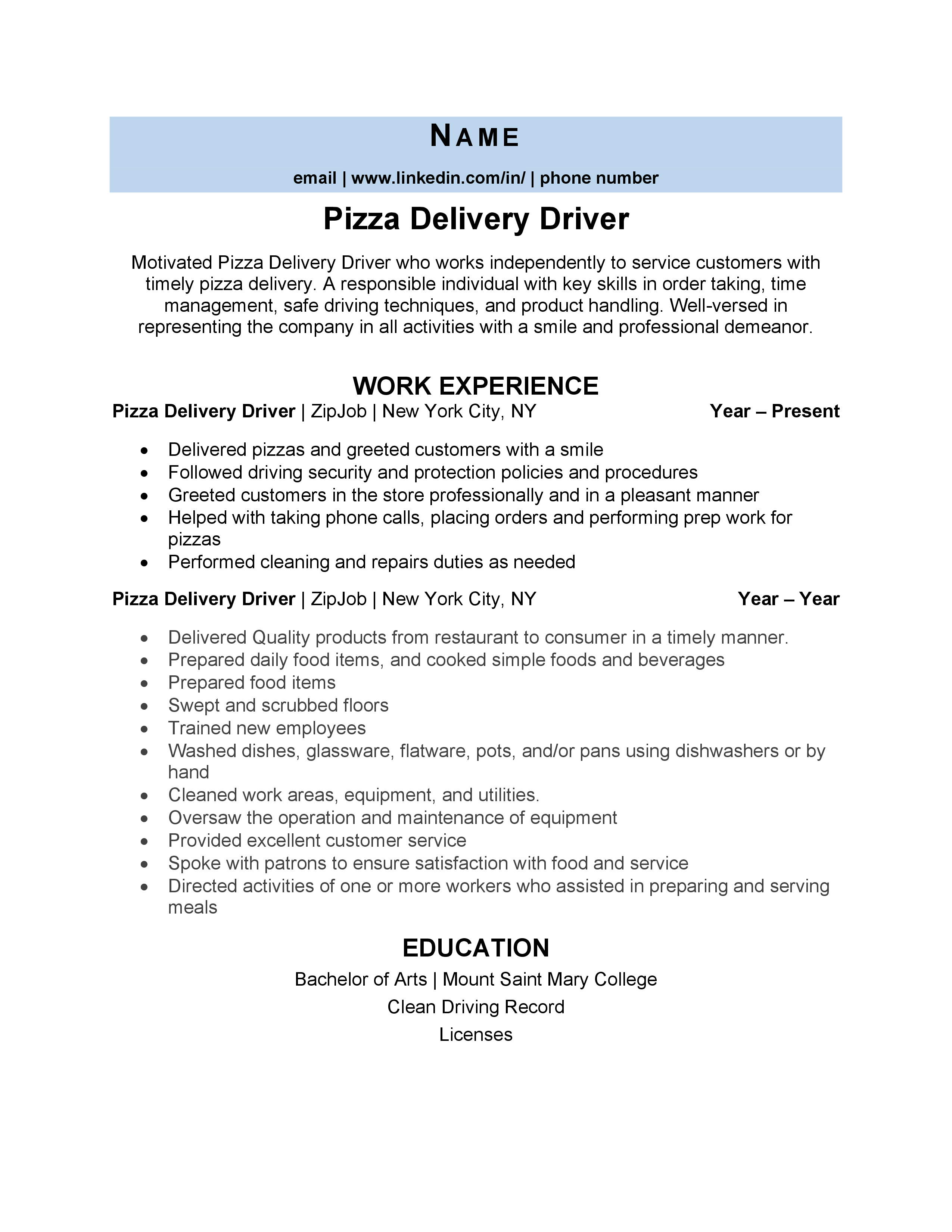 sample resume for food delivery driver