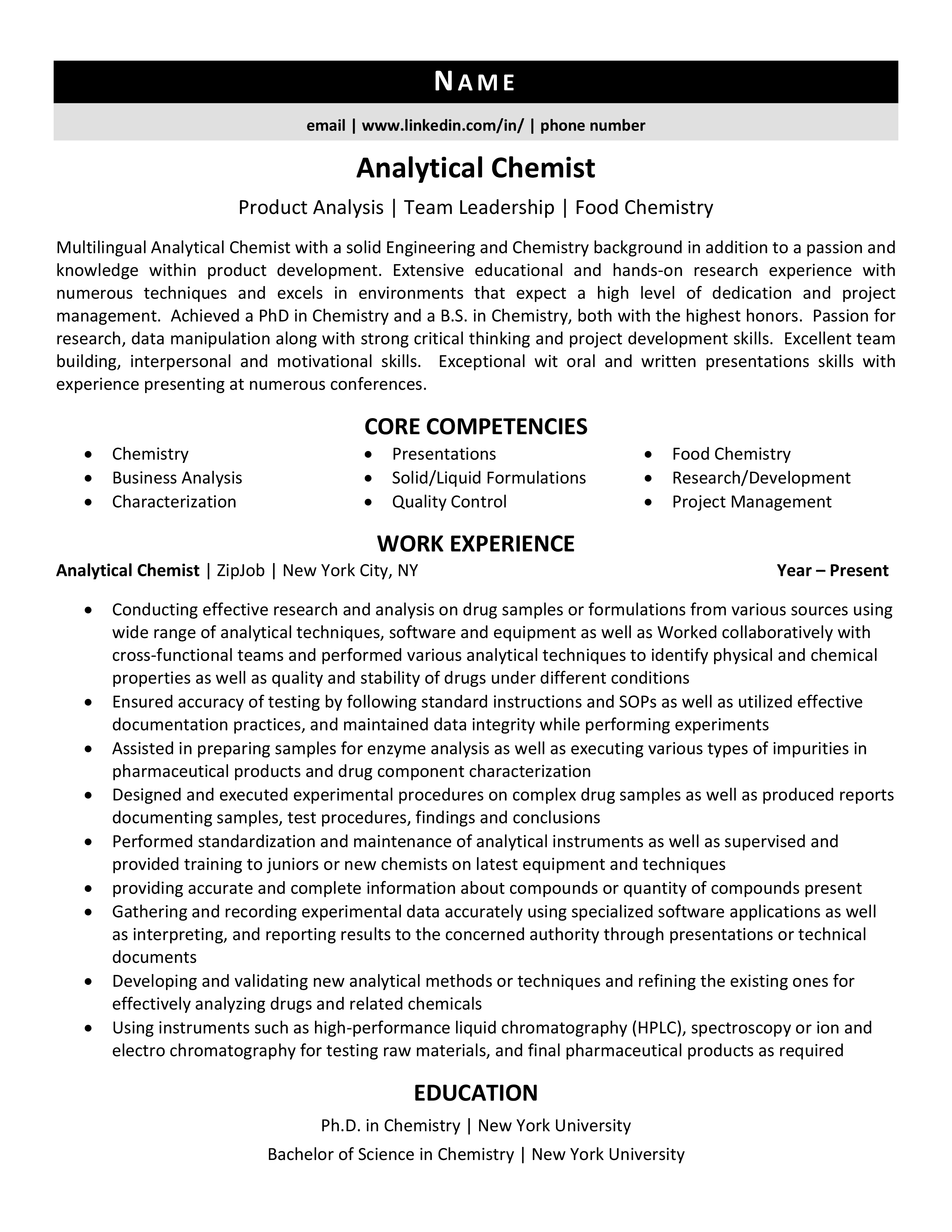 Analytical Chemist Resume Example & 3 Tips | ZipJob