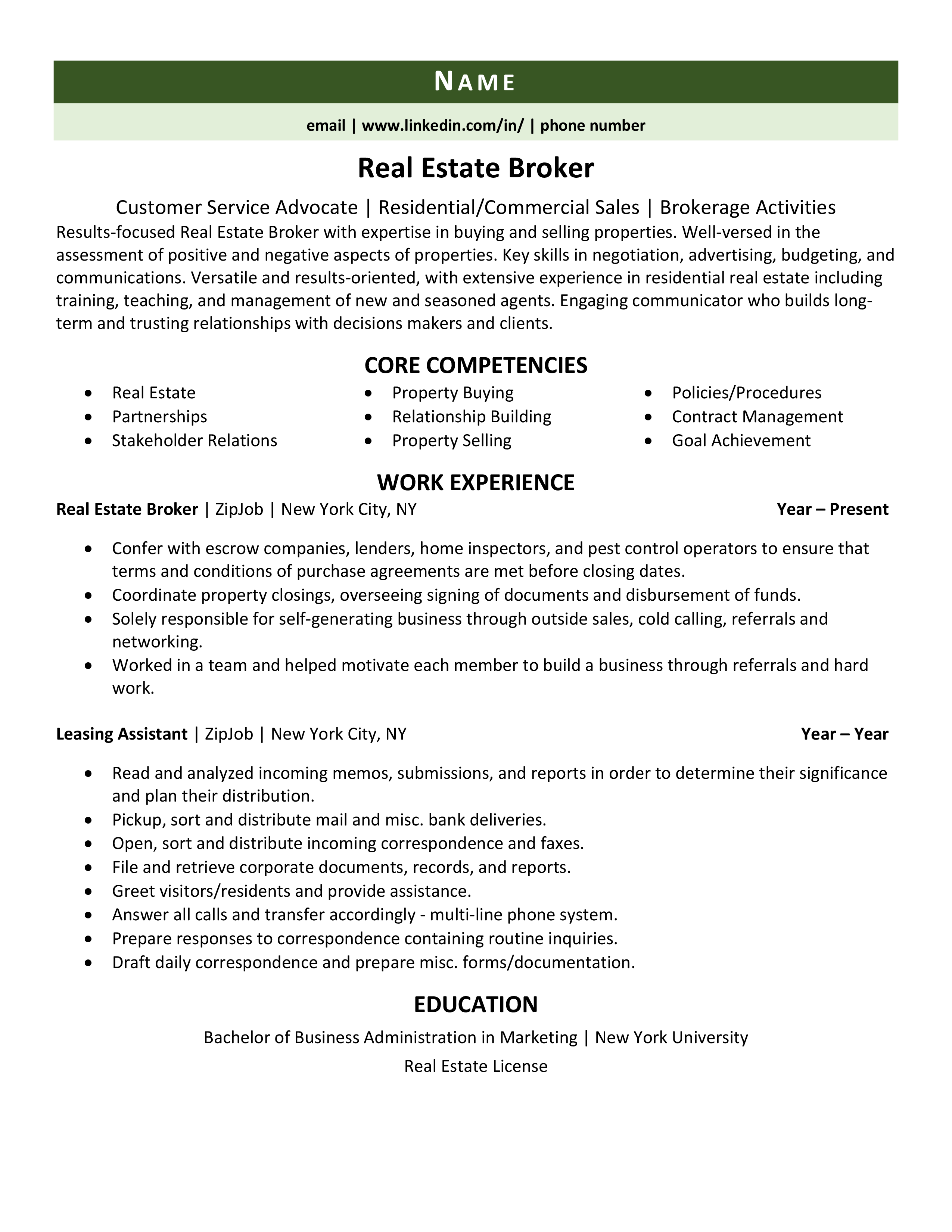 Real Estate Broker Resume Example & Guide | ZipJob