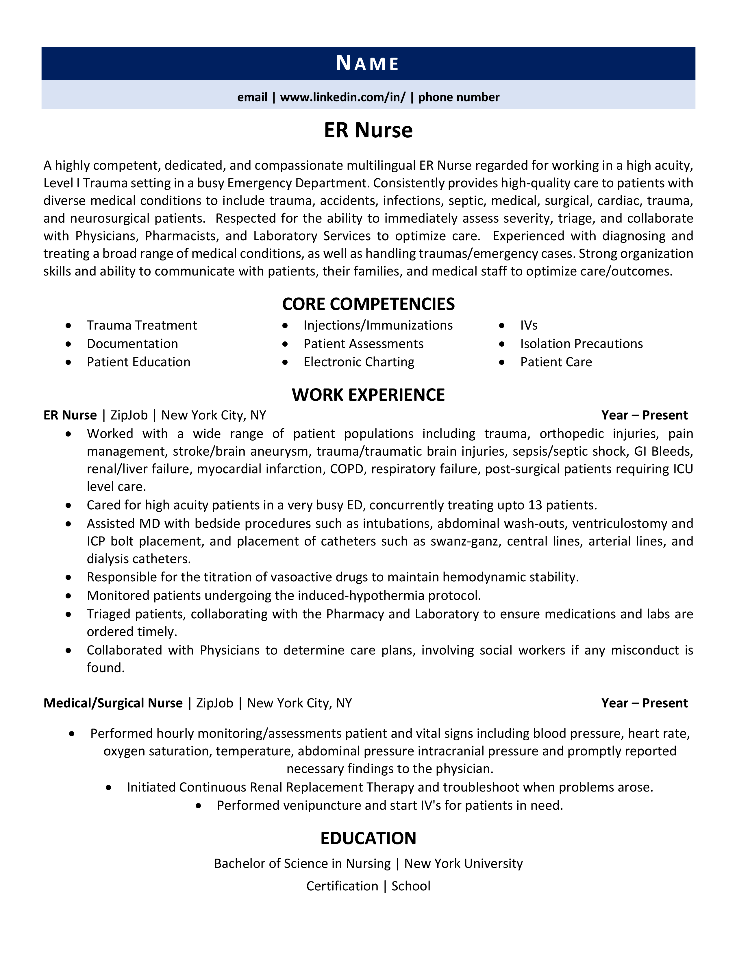 er nurse resume template