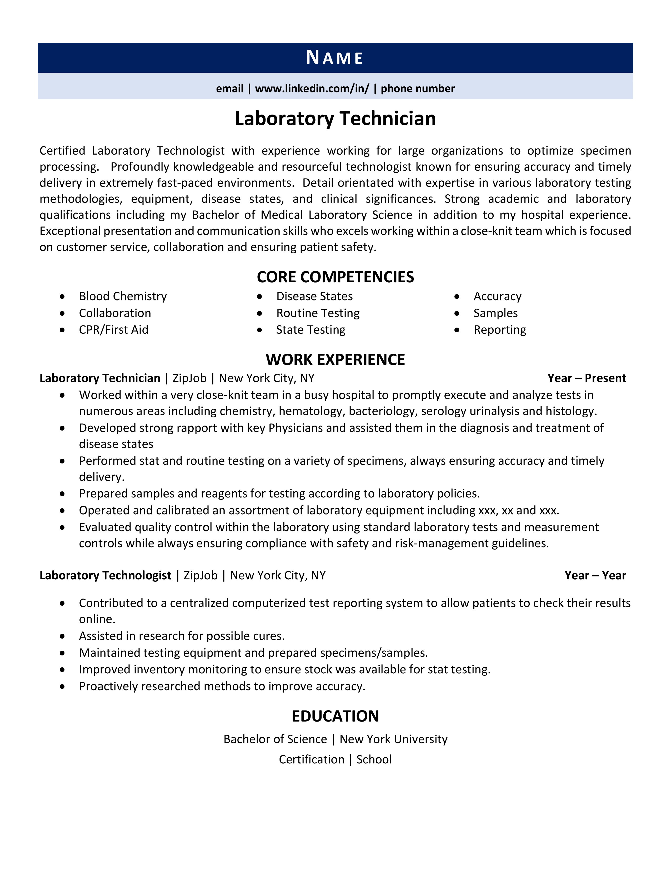 Lab Technician Resume Template   Laboratory Technician Resume Example 1 