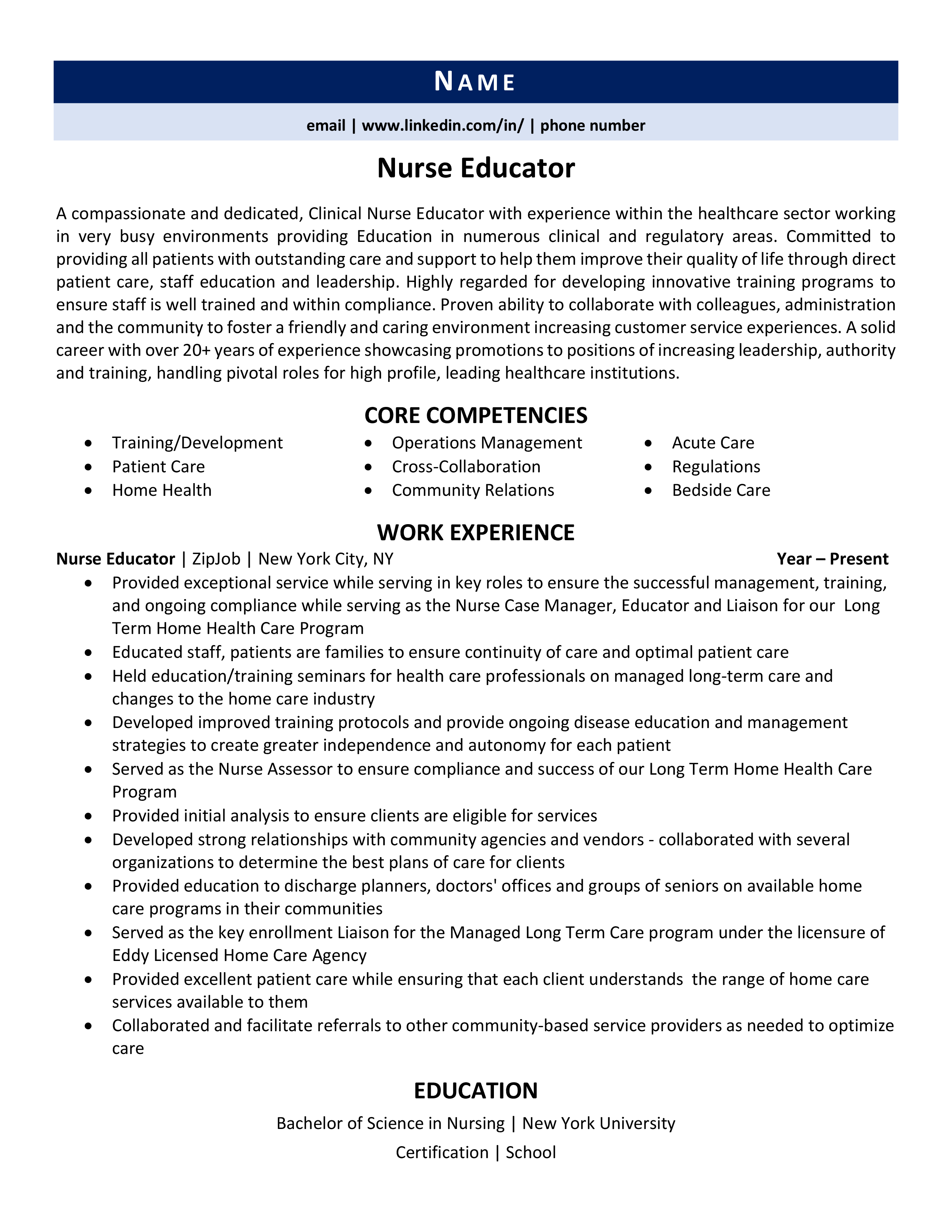 Nurse Educator Resume Example & Guide | ZipJob