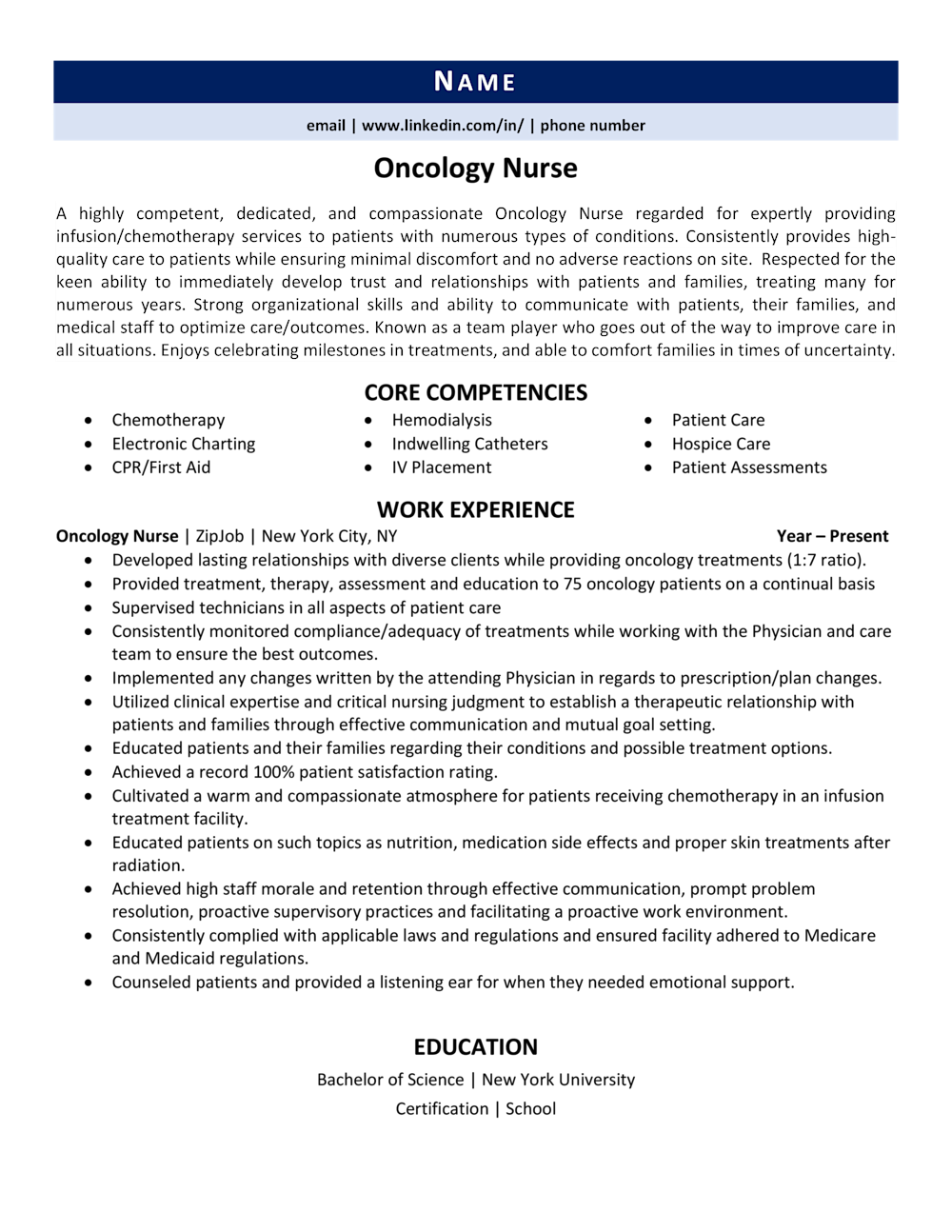 Oncology Nurse Resume Example Guide Zipjob