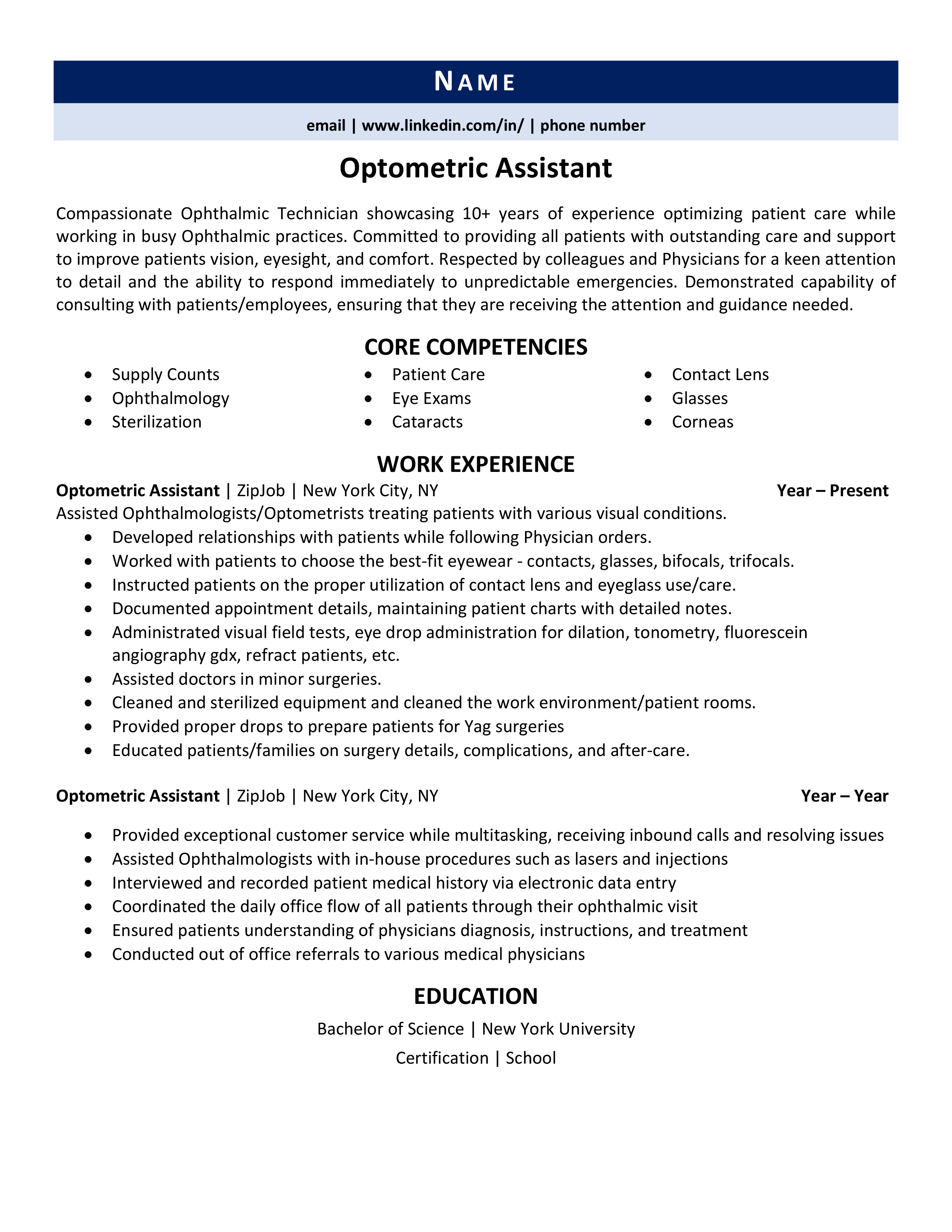 Optometric Assistant Resume Example Guide ZipJob   Optometric Assistant Resume Example 1 