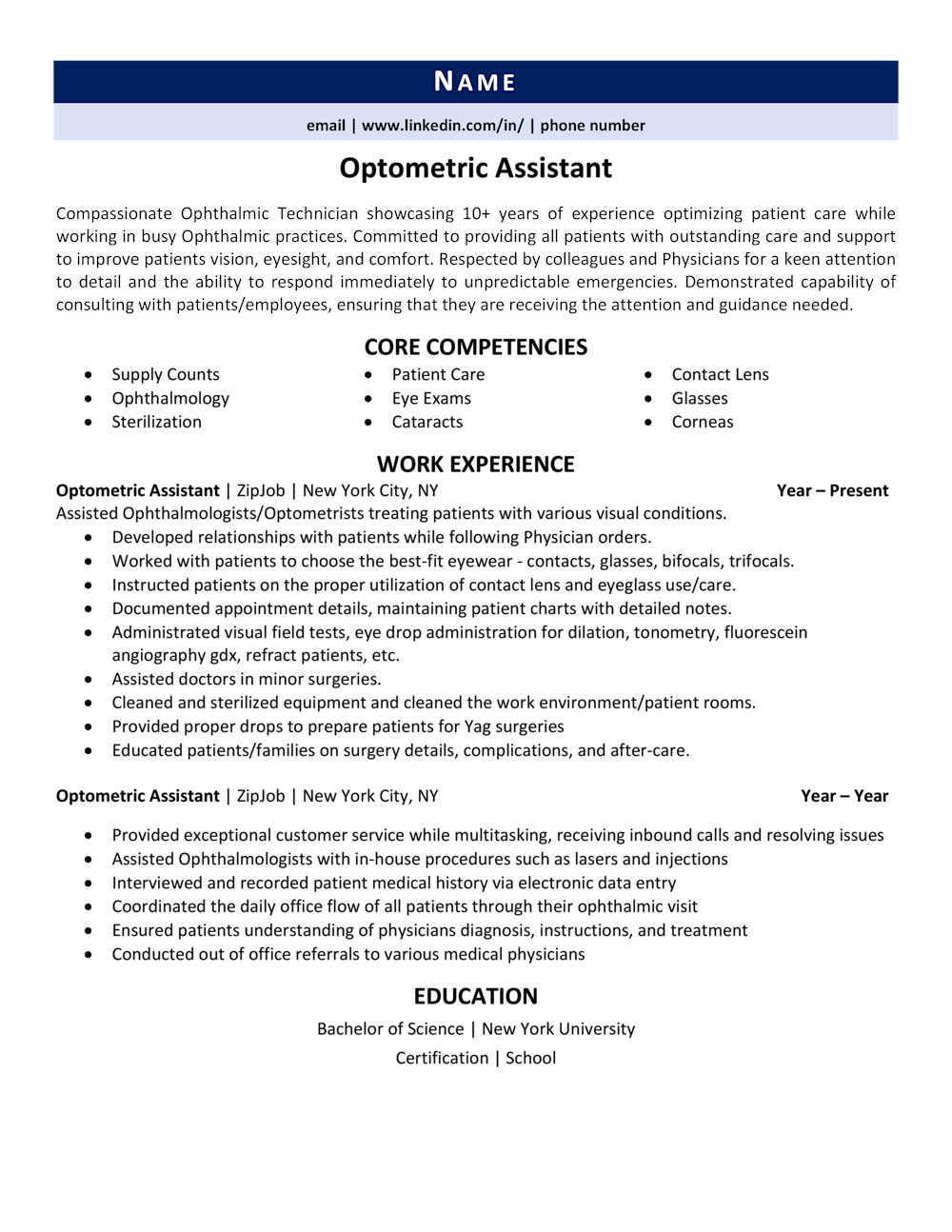 Optometric Assistant Resume Example Guide Zipjob