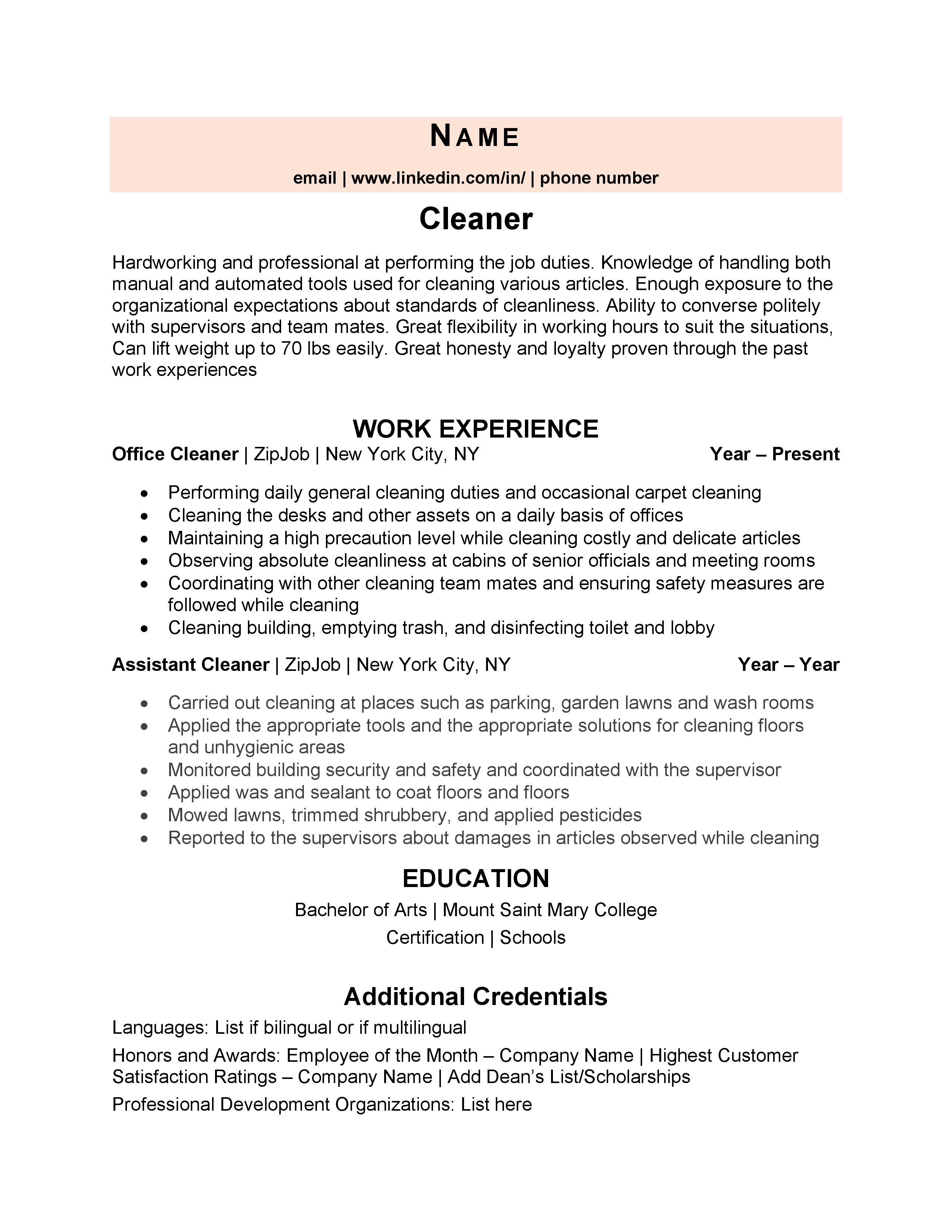cleaning service job description for resume