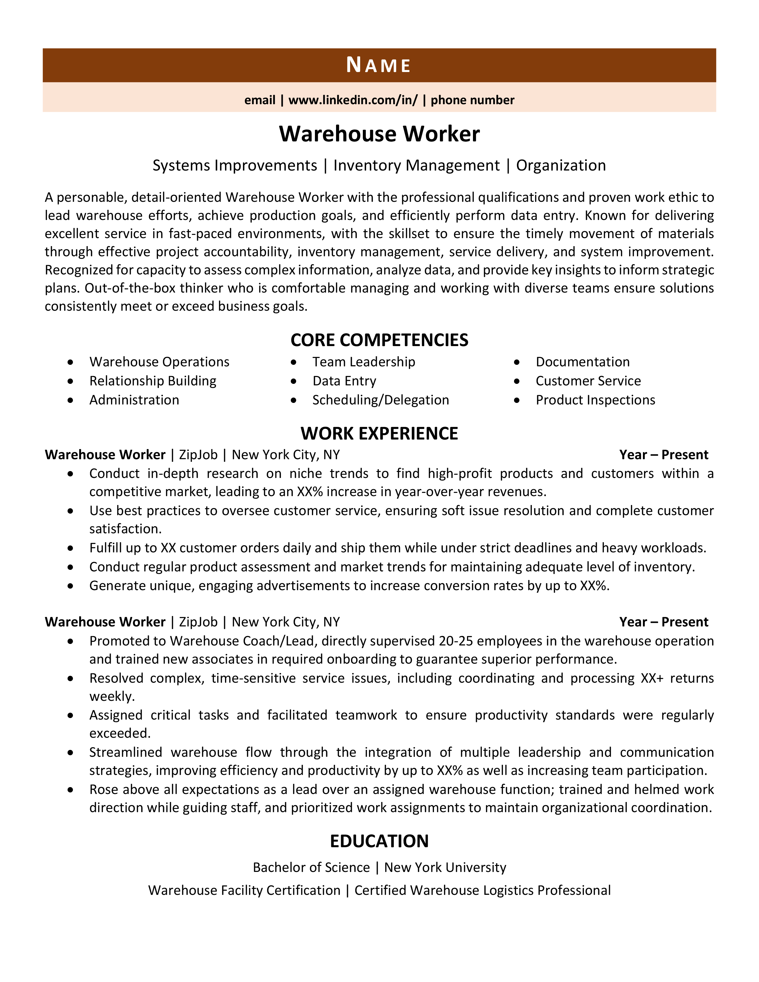 resume objective examples for warehouse