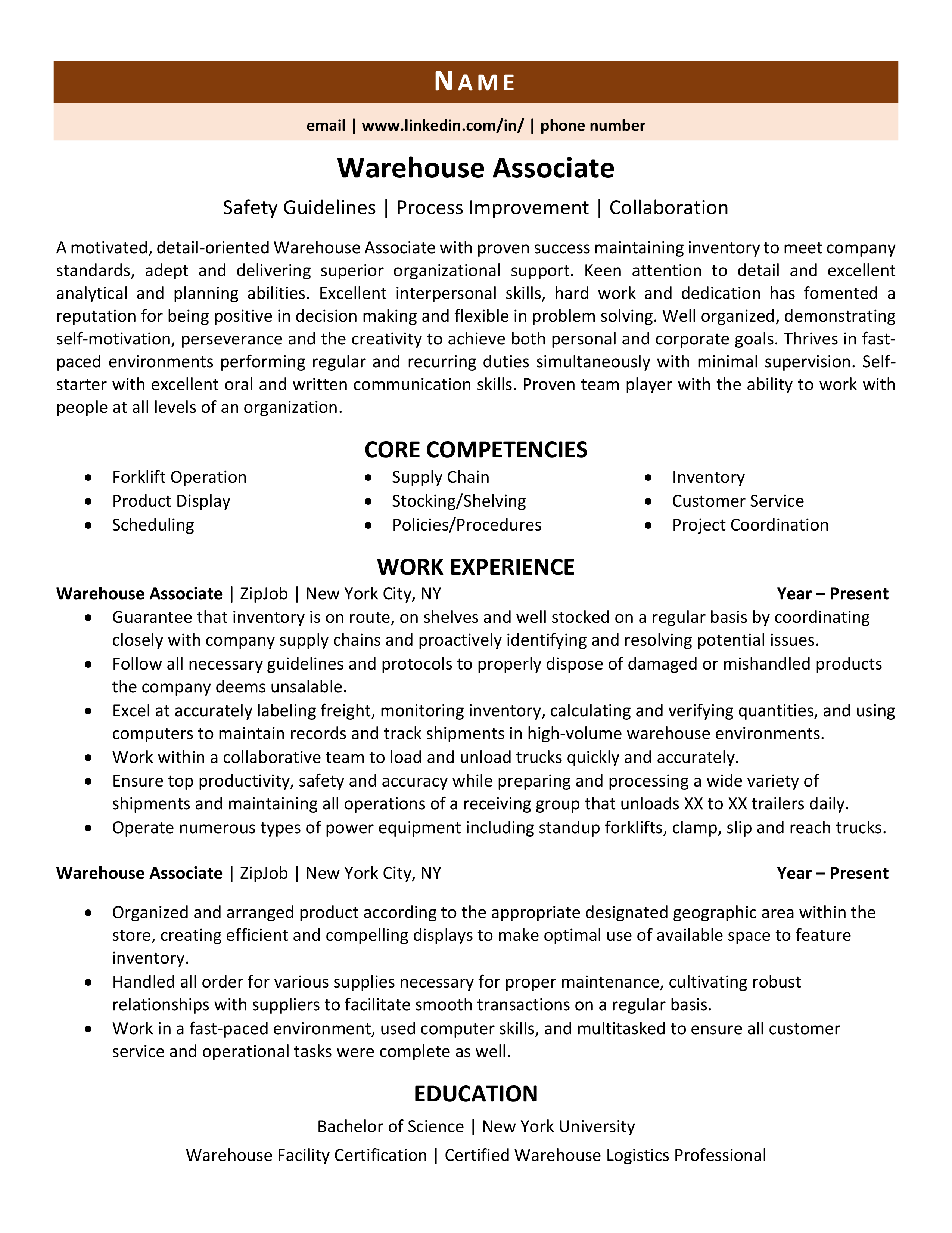 Warehouse Associate Resume Example Guide ZipJob   Warehouse Associate Resume Example 1 