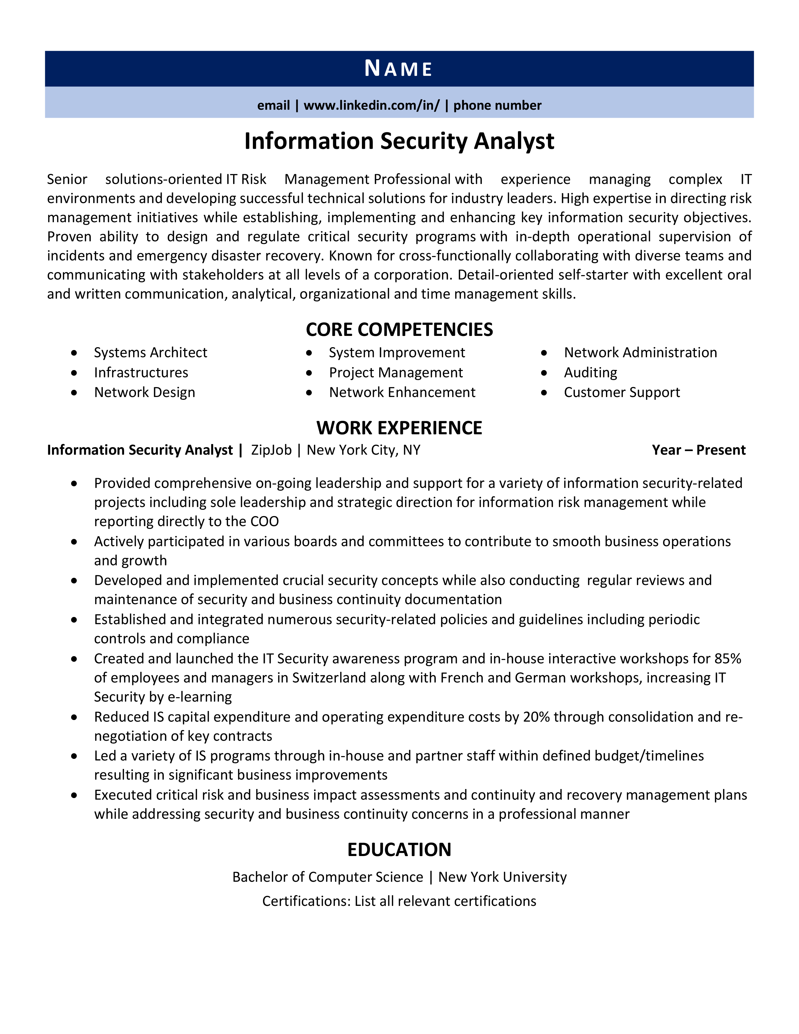 Information Security Analyst Resume Example Guide ZipJob   Information Security Analyst Resume Example 1 