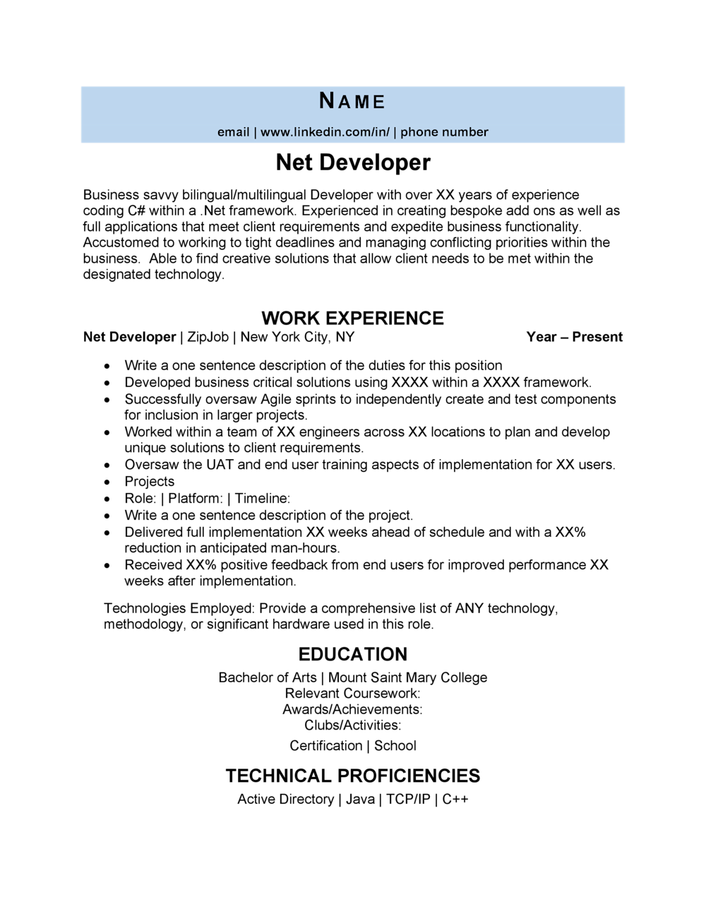 Net Developer resume