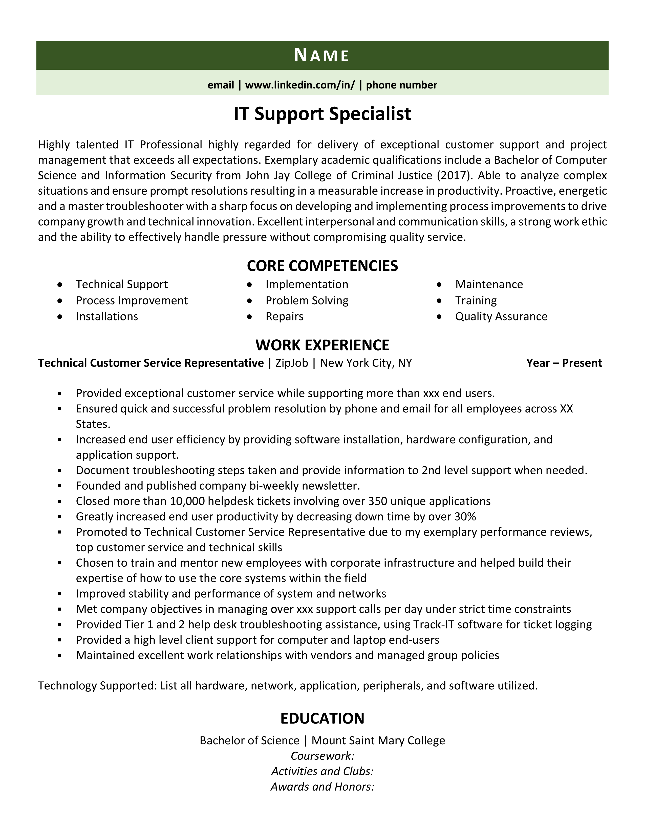 IT Support Specialist Resume Example 3 Expert Tips ZipJob   It Support Specialist Example 1 